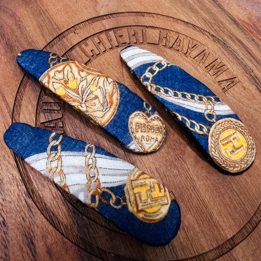 FF- navy & gold FF cotton scarf- korean girl style side clip