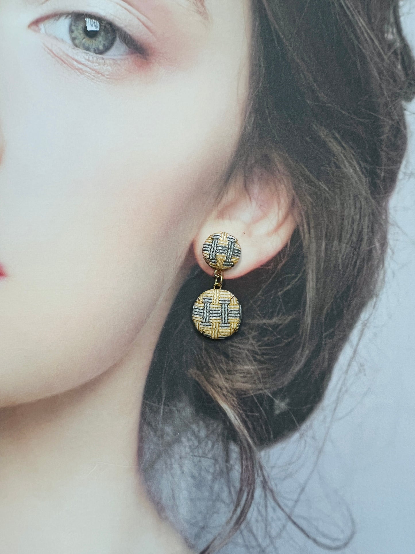 H-H0023- yellow & grey H - drop earring