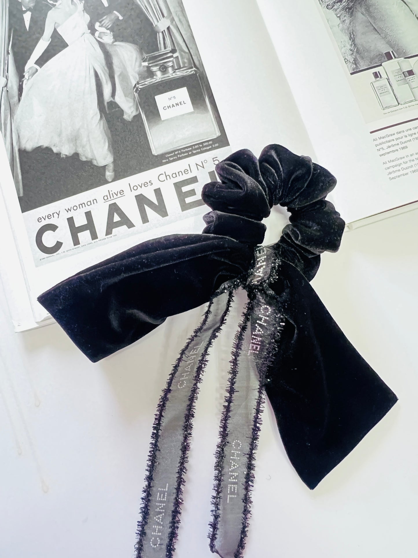 CC-ribbon black & gold chanel ribbon & velvet scrunchie