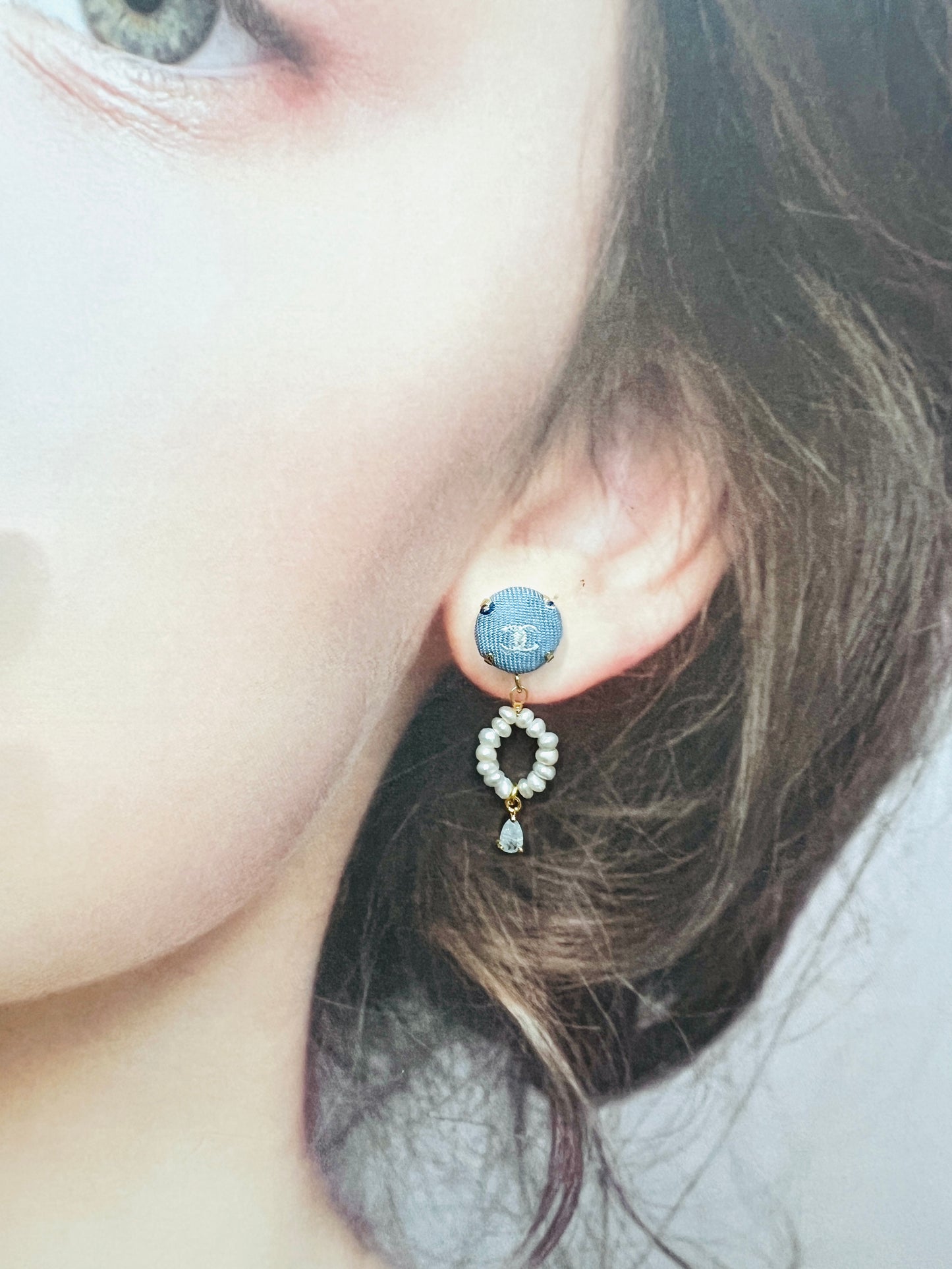 CC-Robin egg & white with CC logo- CC004- genuine pearl earring