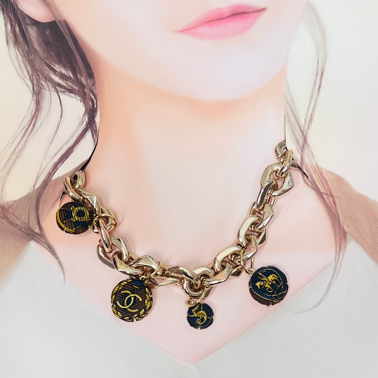 CC- Mocha with navy blue vintage pattern CC logo - CC093- necklace