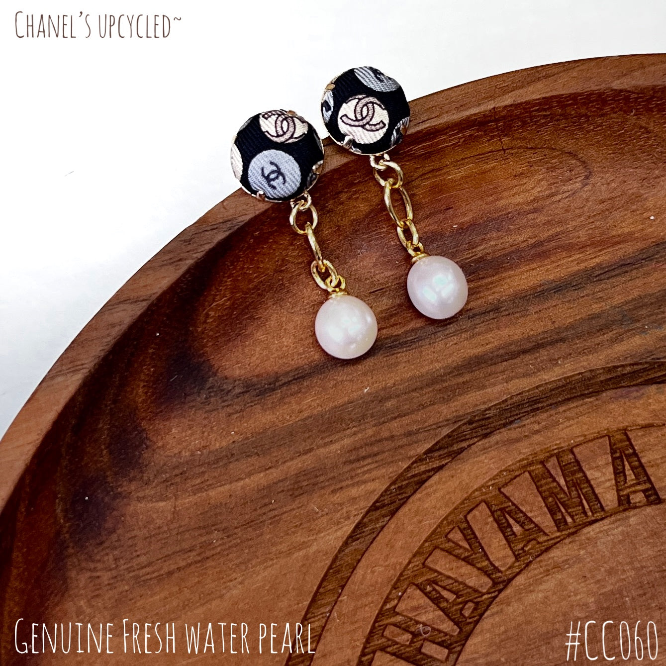CC- Black, Grey & Beige with CC logo bubble CC060- genuine Pearl earrings
