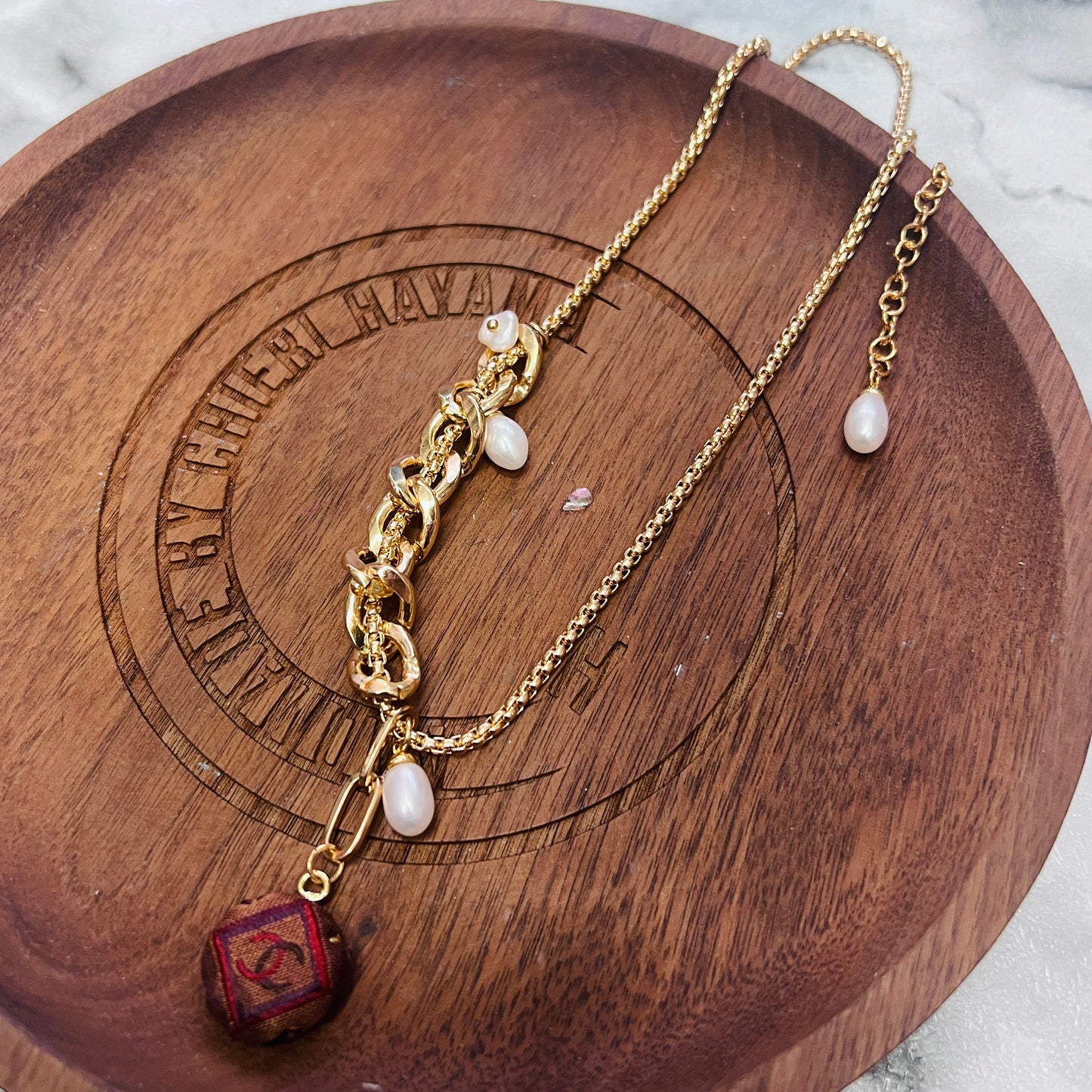 CC- Mocha with Marine & Wine Square pattern CC logo - CC034- necklace