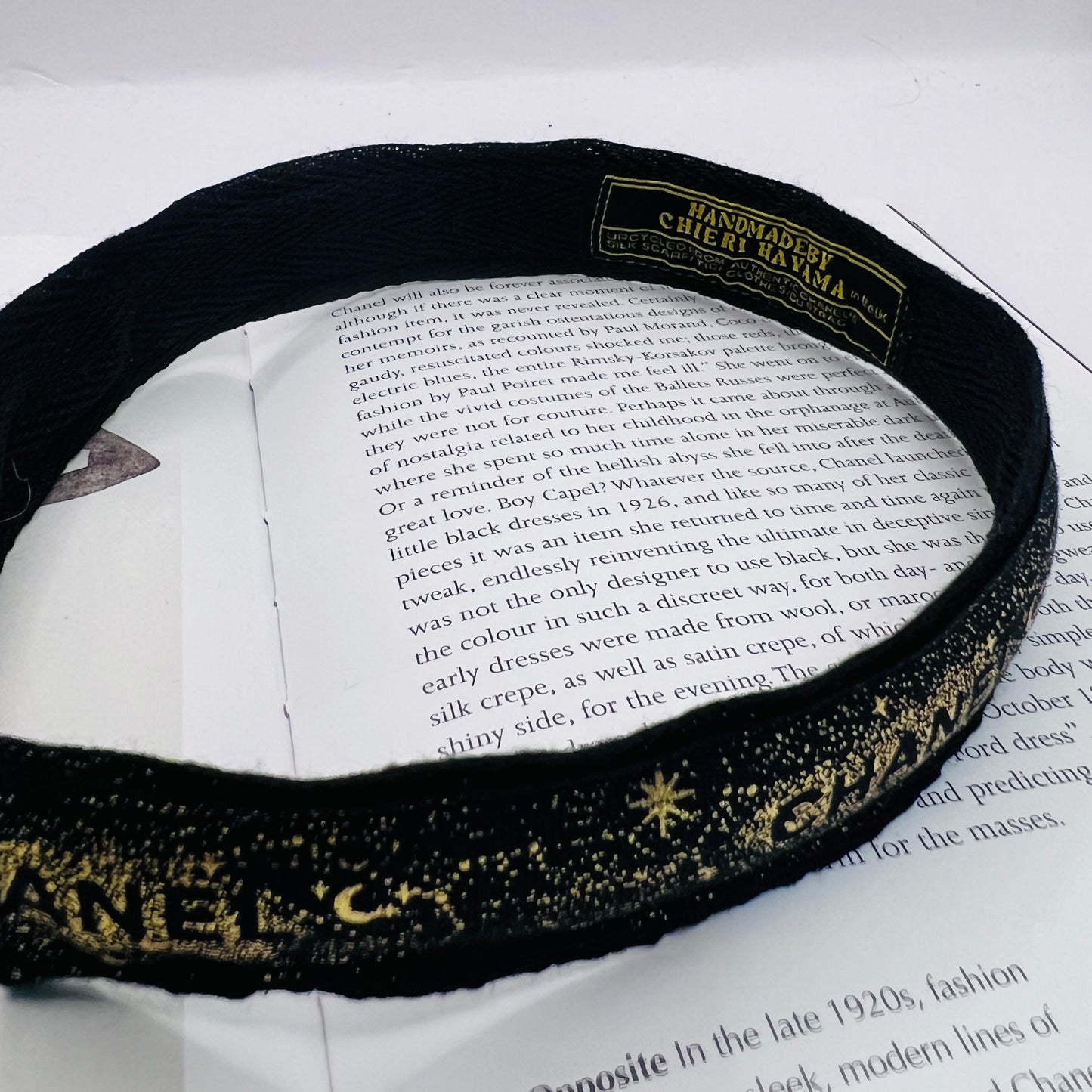 Upcycled Chanel ribbon headband - black & gold star