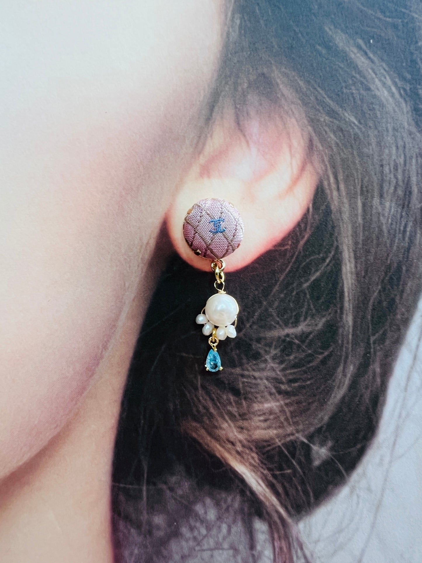 CC- Pink & lavender with CC logo- CC075- genuine pearl earring