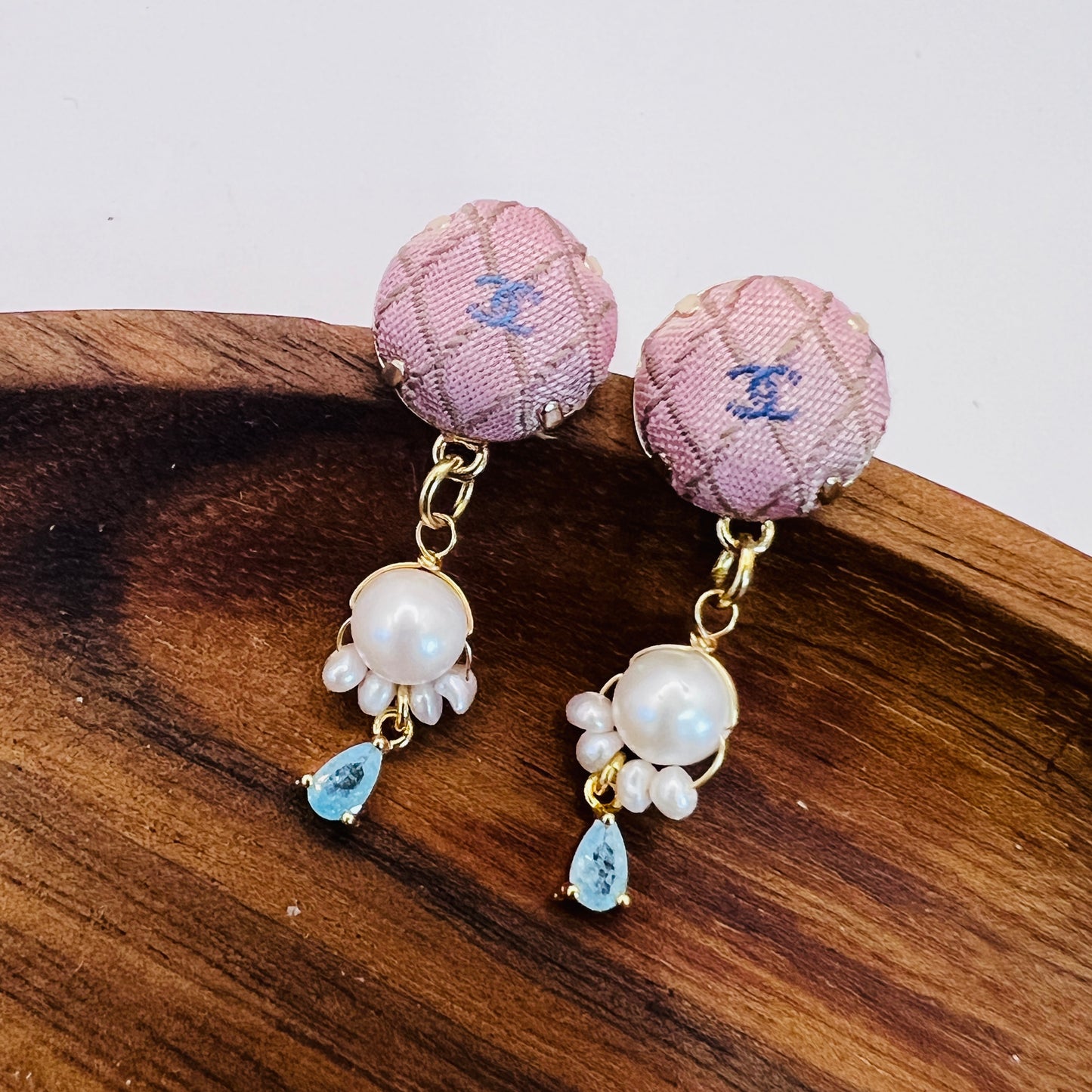 CC- Pink & lavender with CC logo- CC075- genuine pearl earring