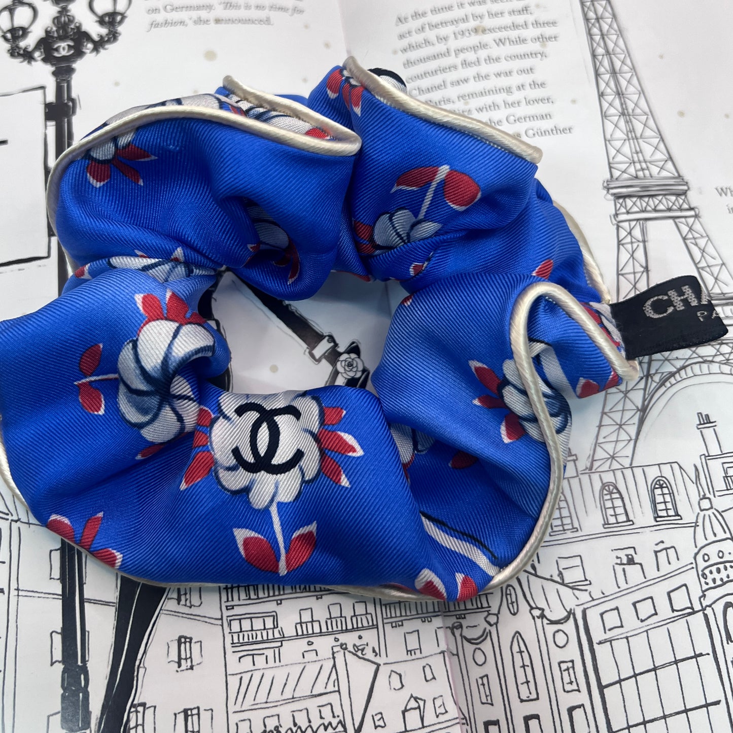 CC- CC0050-Paris Blue & Classic White CC Camellias Scrunchie