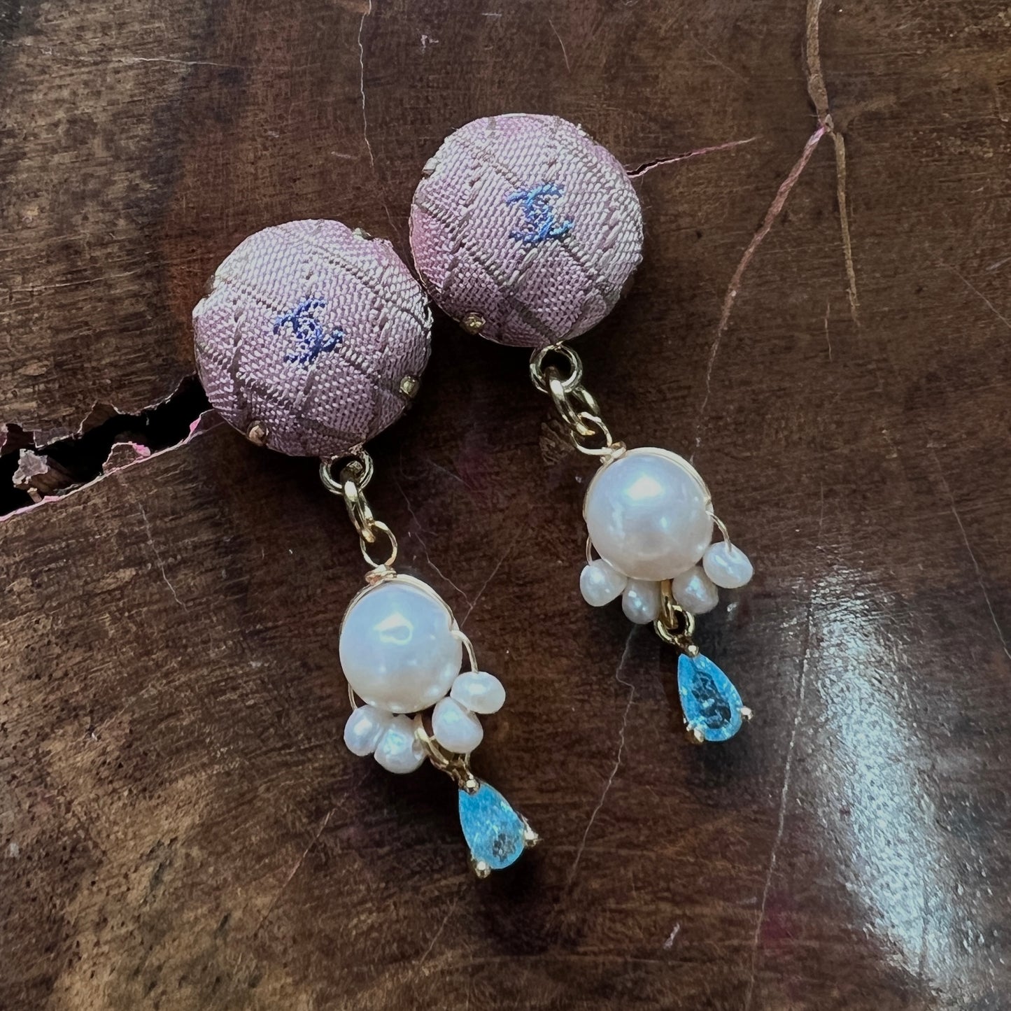 CC- Pink & lavender with CC logo- CC075- genuine pearl earring