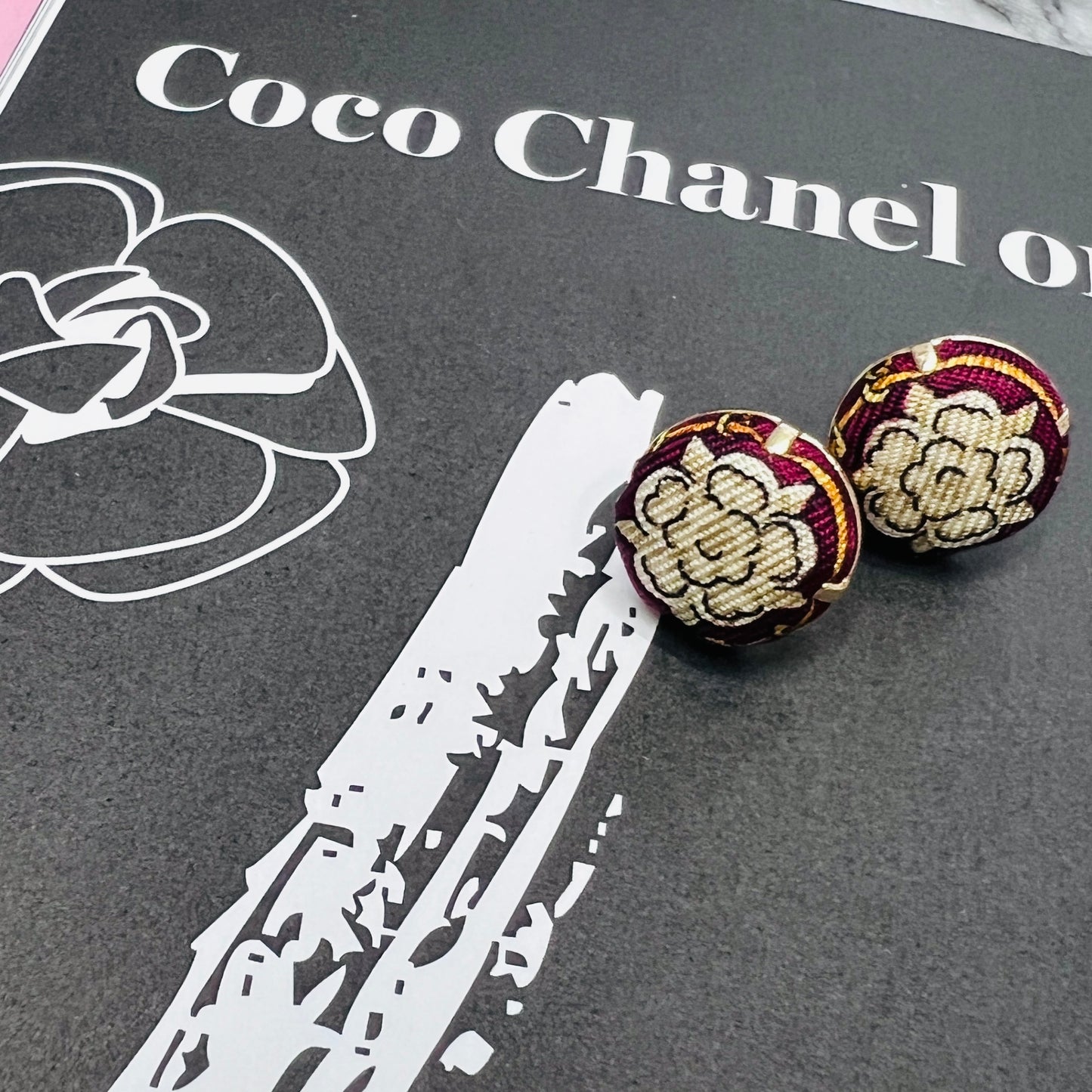 CC- vintage beige camellia & burgundy CC070- earrings