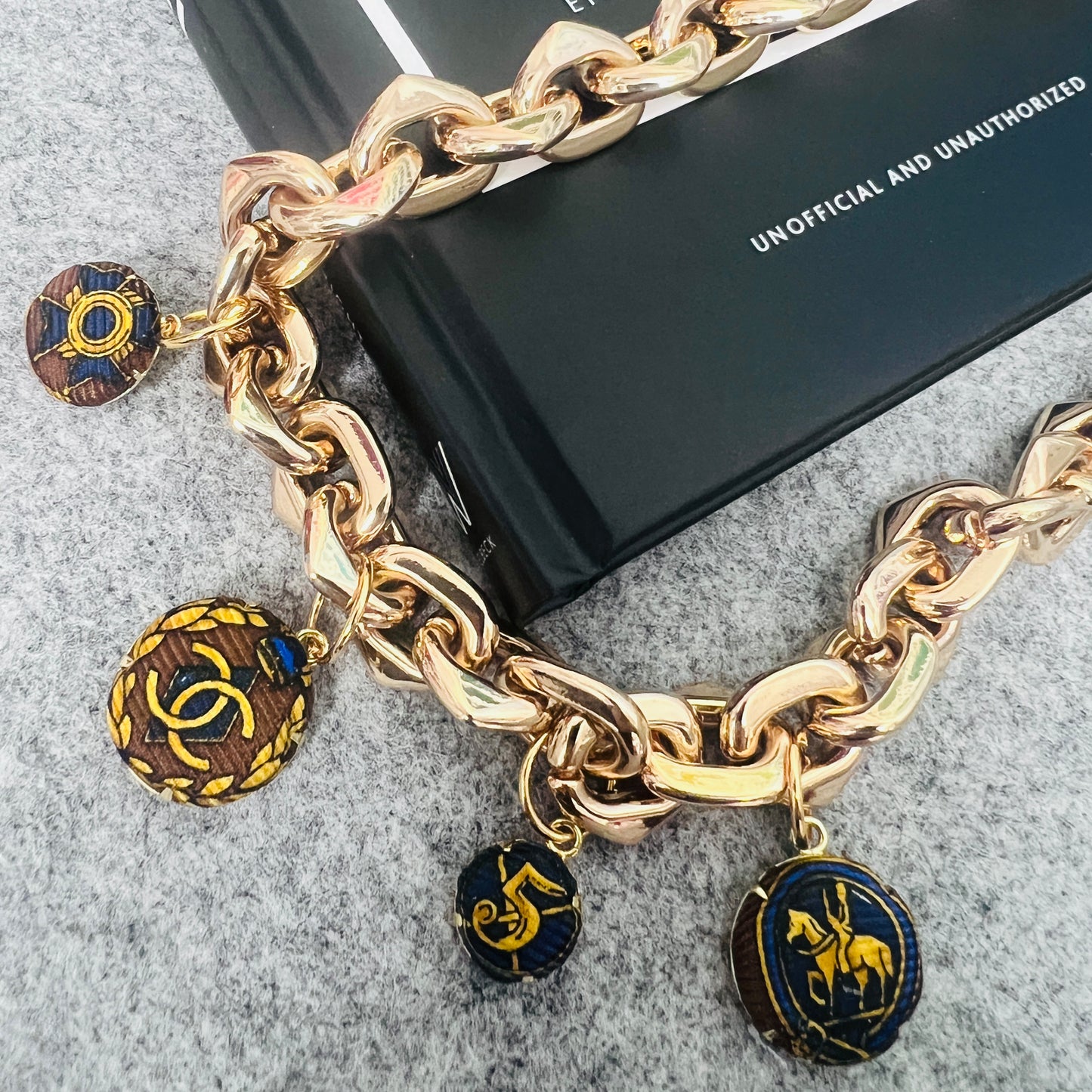 CC- Mocha with navy blue vintage pattern CC logo - CC093- necklace