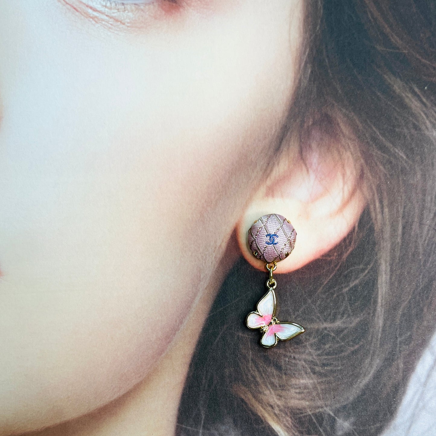 CC- Pink & lavender with CC logo- CC075- butterfly earring
