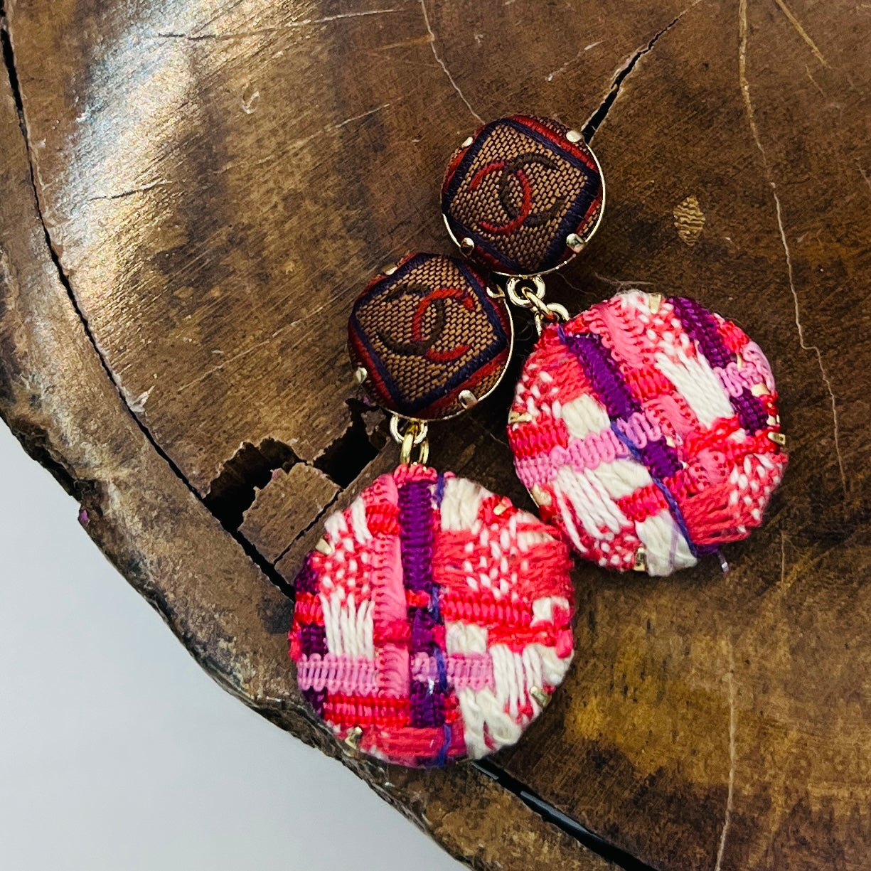 CC- Mocha with Marine & Wine Square pattern CC logo- CC034- hairband/ Hairpin/ earring