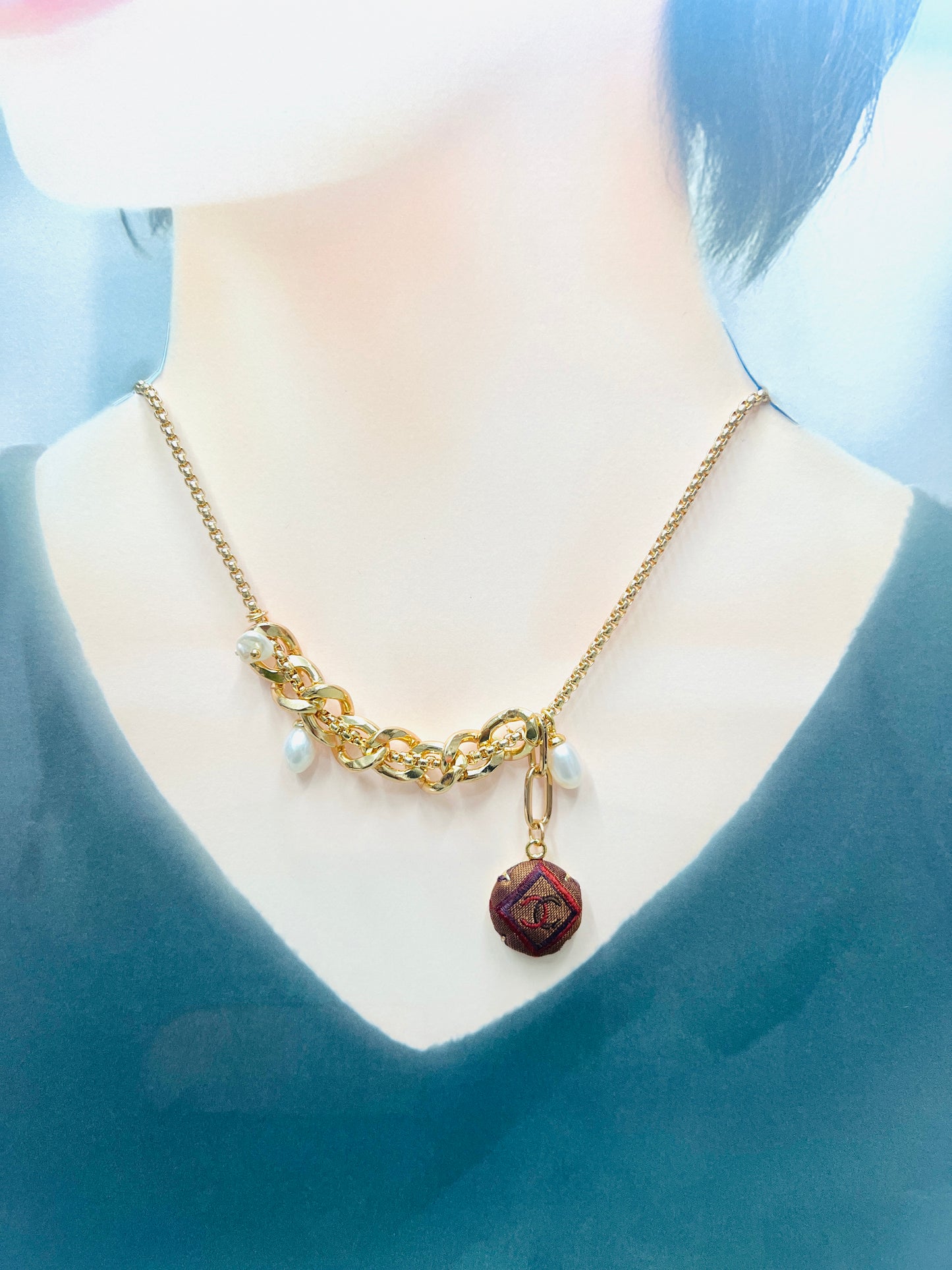 CC- Mocha with Marine & Wine Square pattern CC logo - CC034- necklace