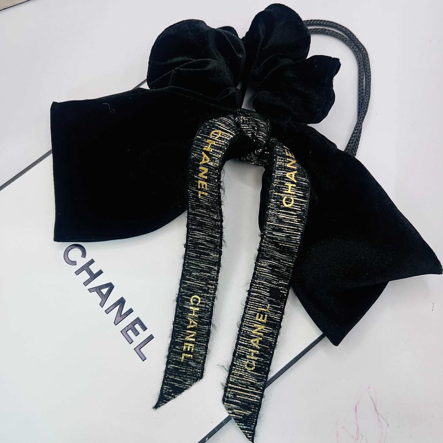 CC-ribbon black & gold chanel ribbon & velvet scrunchie