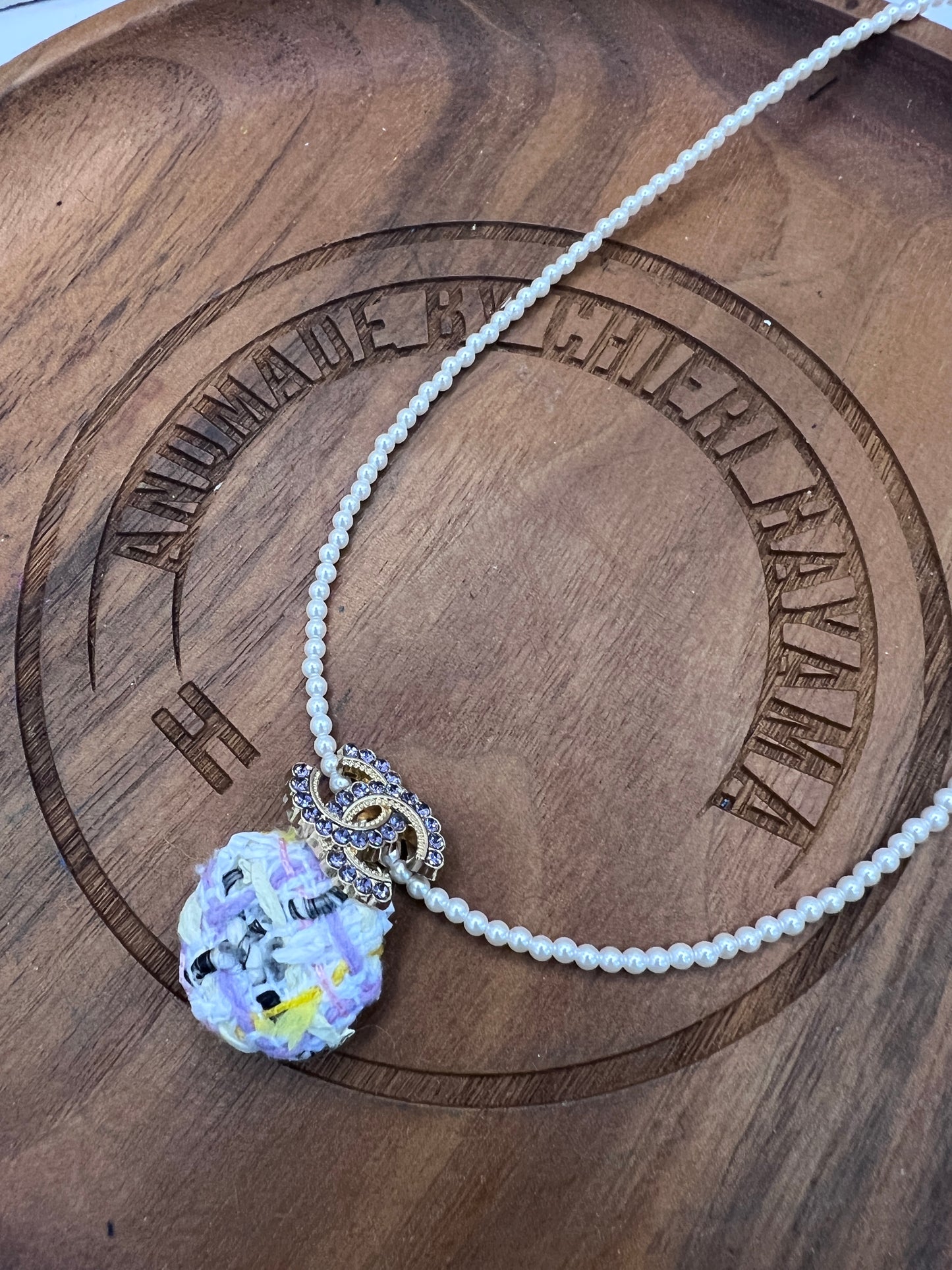 CC- purple chanel button & tweeds - necklace