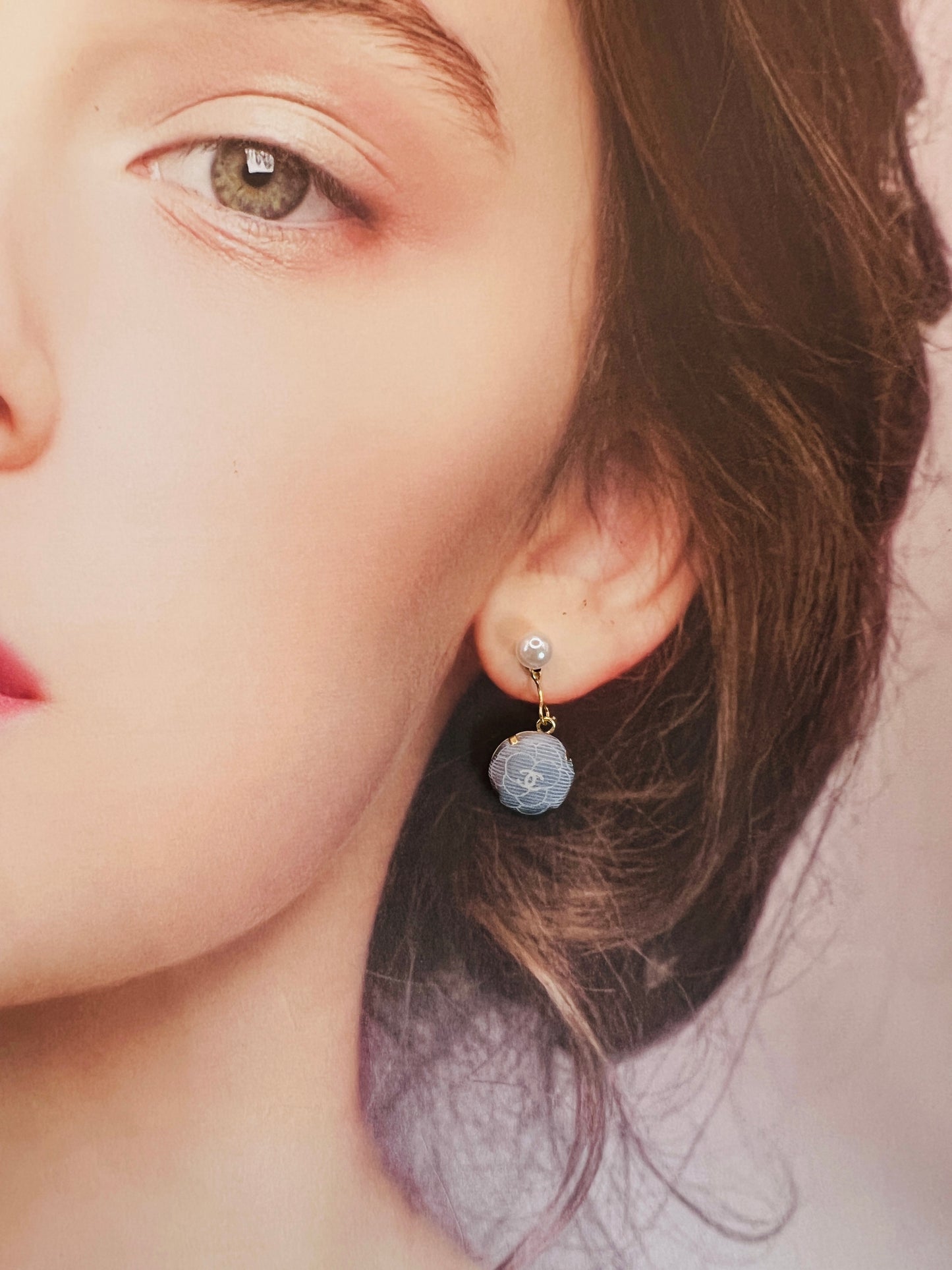CC- Cinderella Blue Camellias with CC logo CC068- earrings
