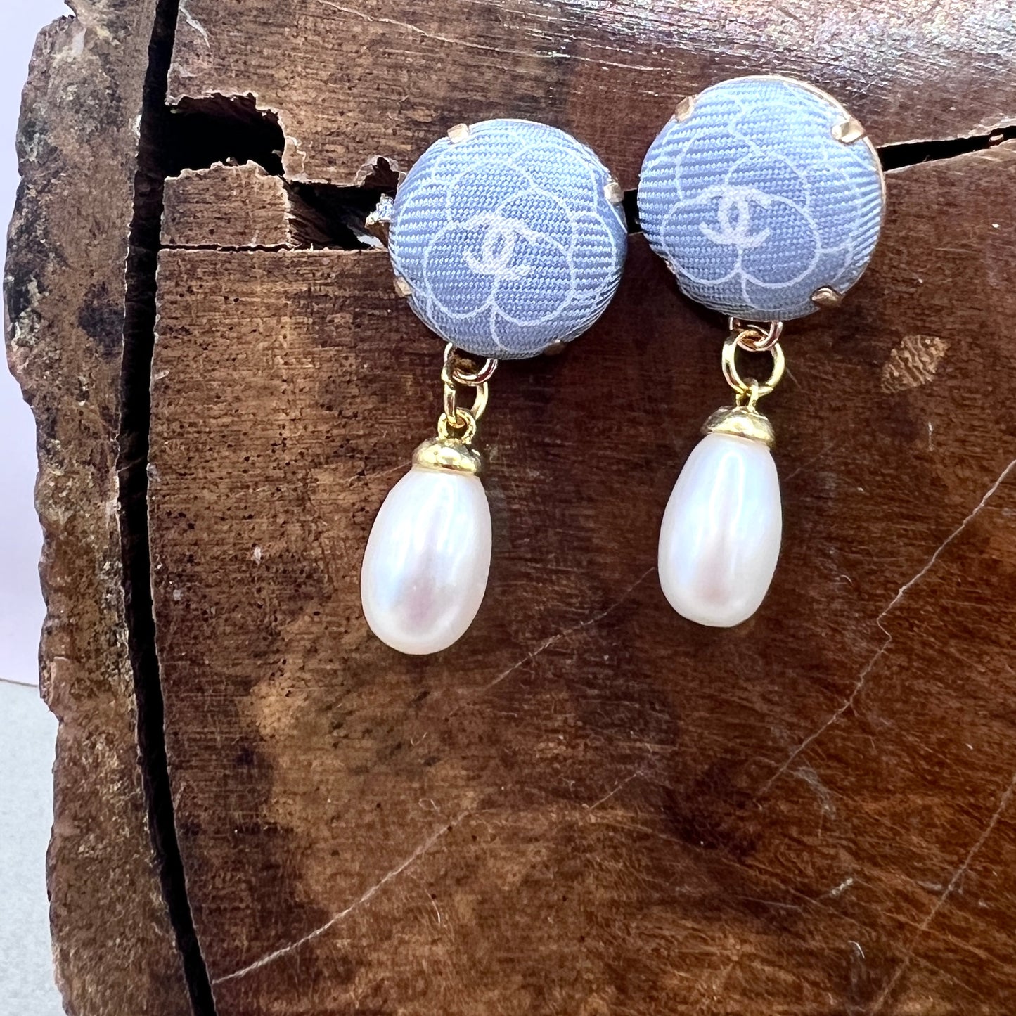 CC- Cinderella Blue Camellias with CC logo CC068- genuine Pearl earrings