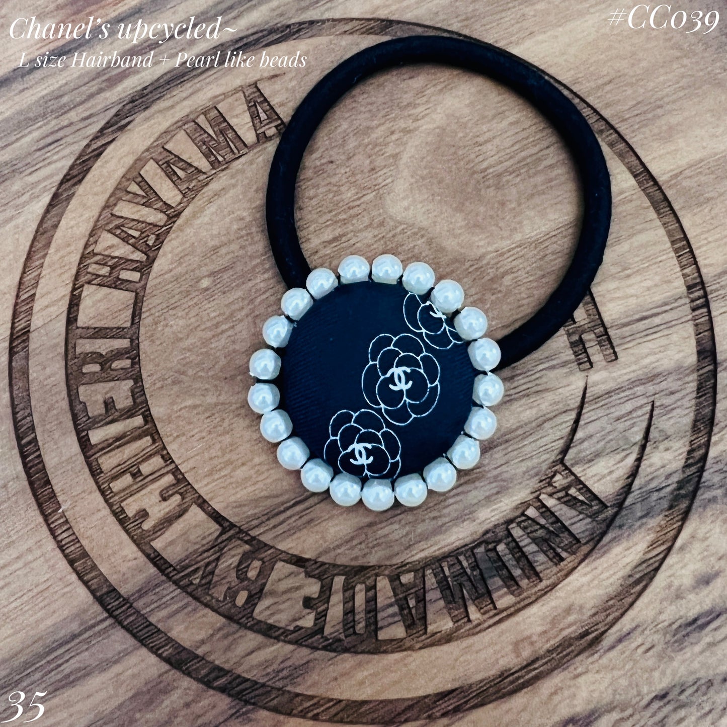 CC- Black & White Camellias with CC logo CC039- Scrunchie & Hairband