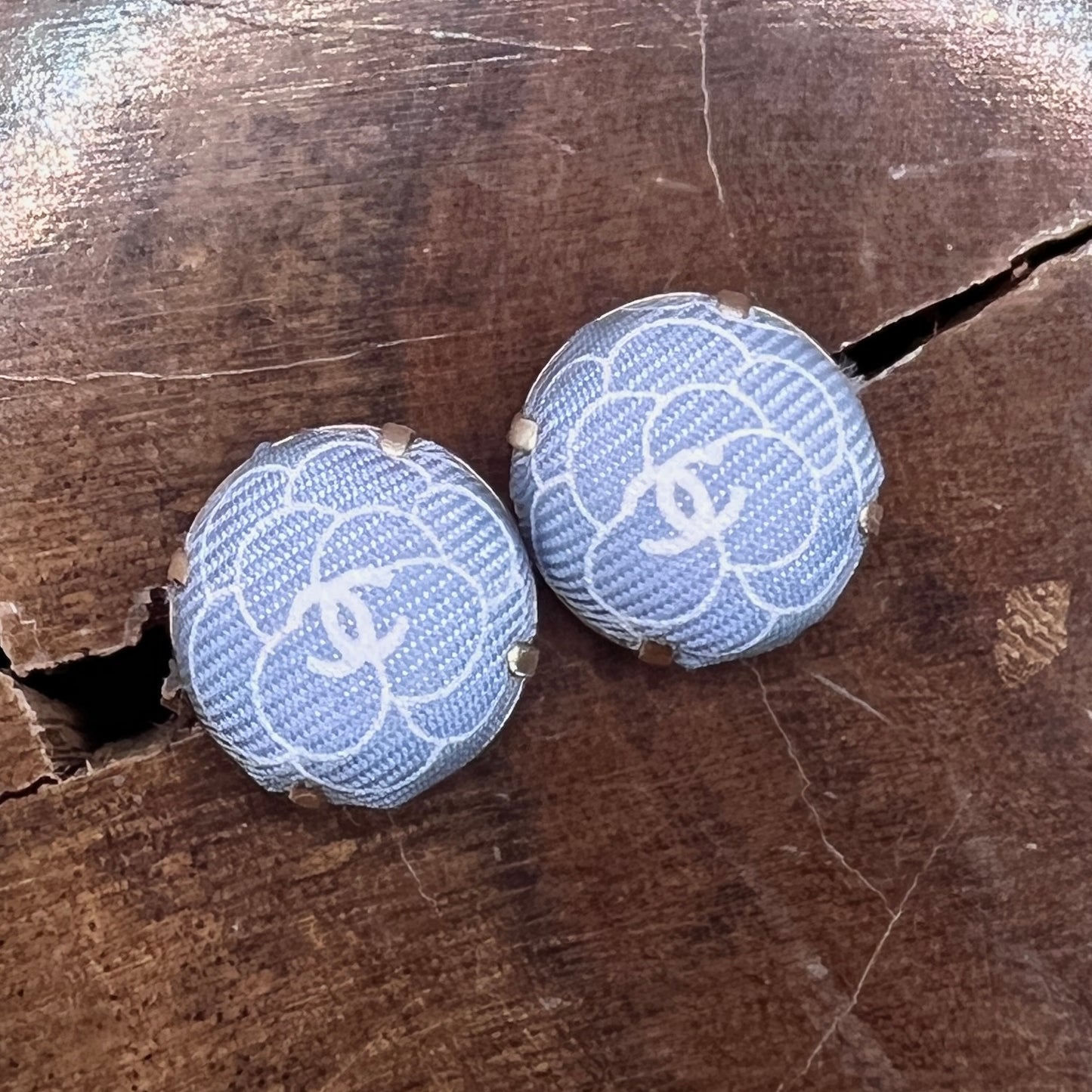 CC- Cinderella Blue Camellias with CC logo CC068- earrings