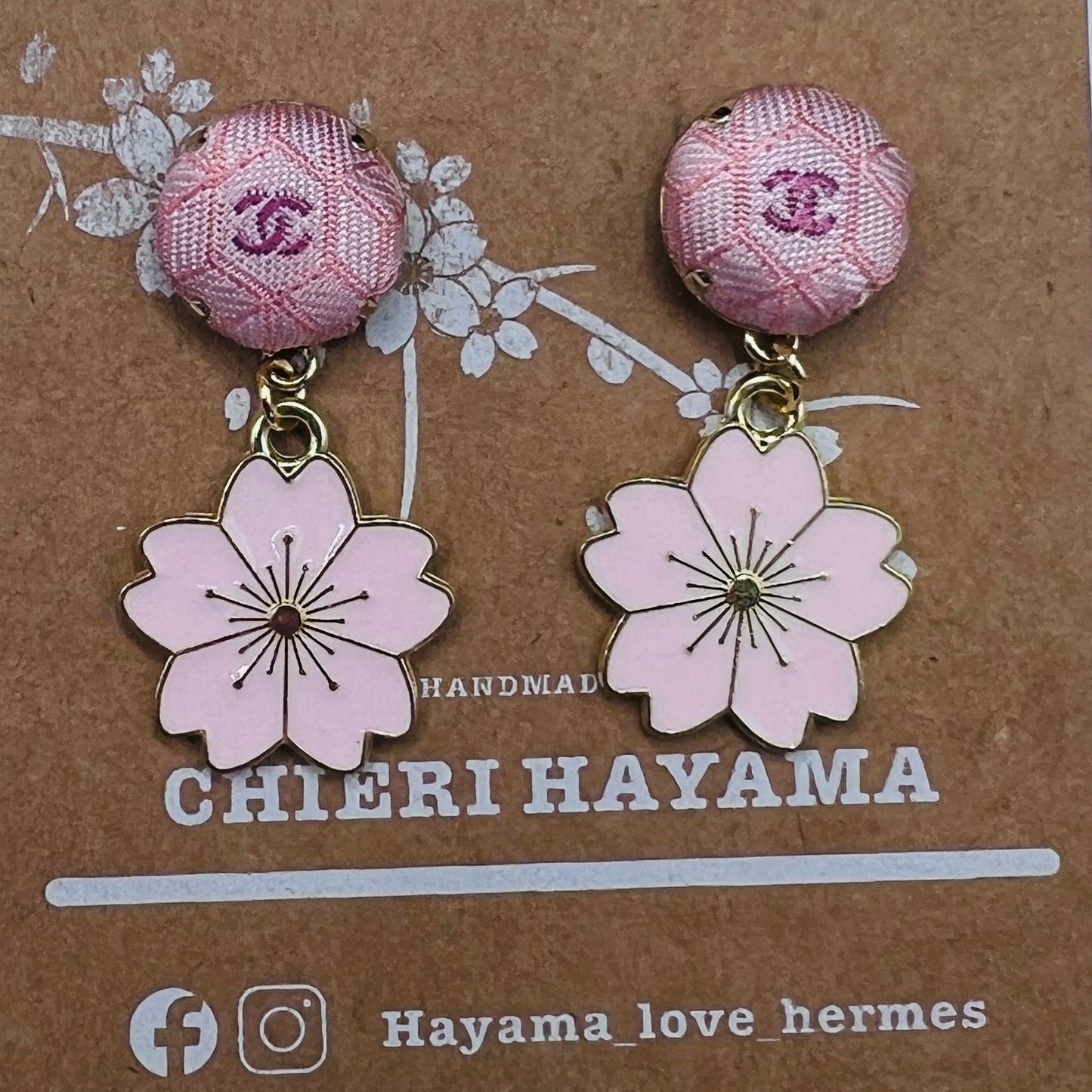 CC- Pink Japanese Kimono pattern with CC logo- CC014- earring