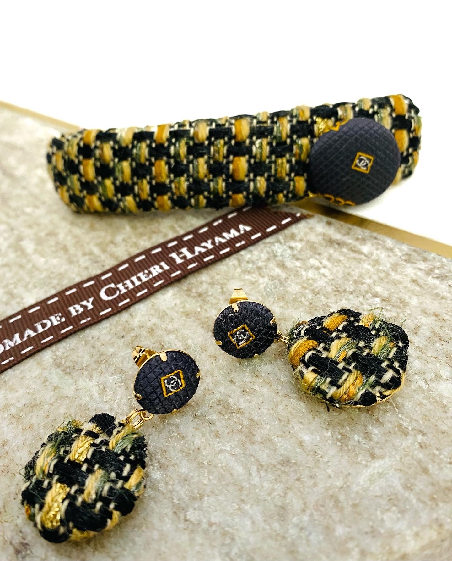 CC- Vintage black & Gold Chain + Linton Tweeds-CC010 - earring/ hairclip/ headband