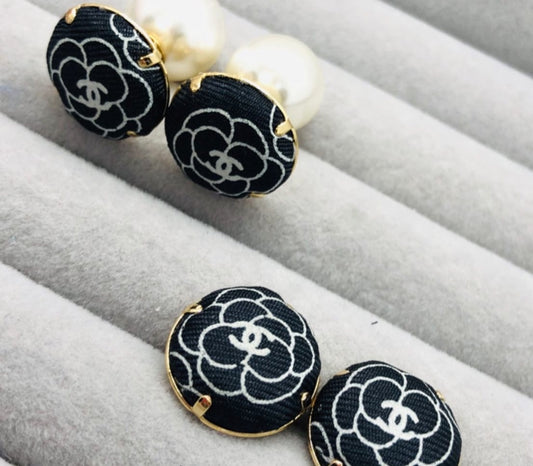 CC- Black & White Camellias with CC logo CC039- earrings