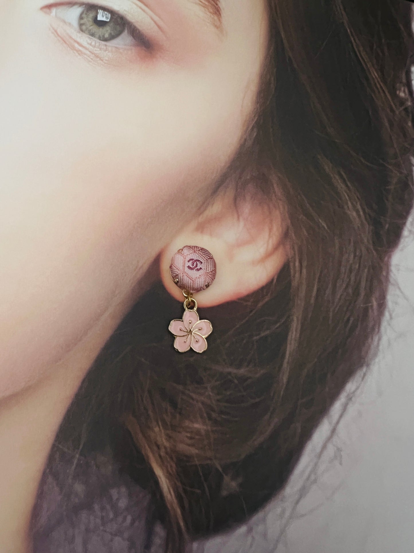 CC- Pink Japanese Kimono pattern with CC logo- CC014- earring