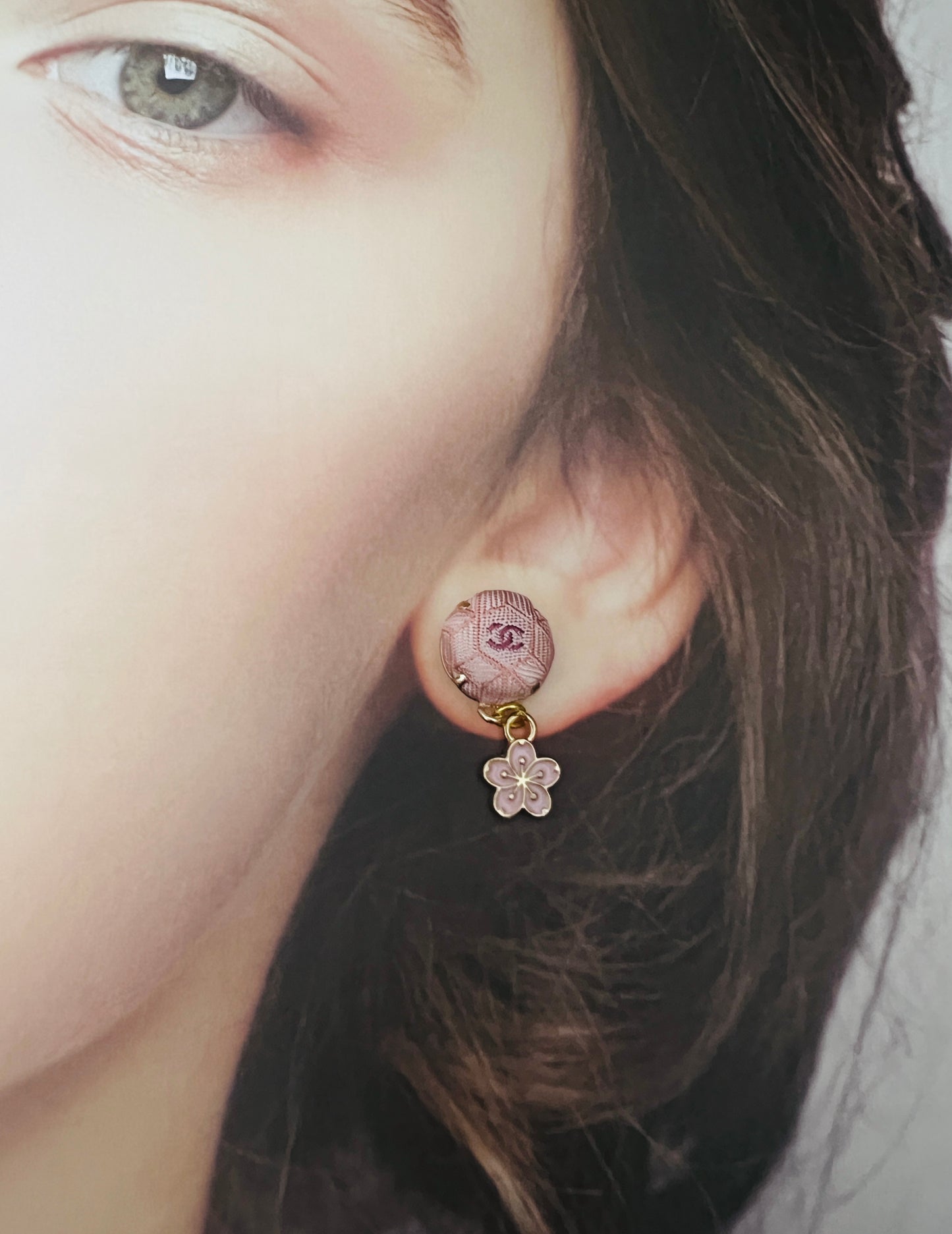 CC- Pink Japanese Kimono pattern with CC logo- CC014- earring