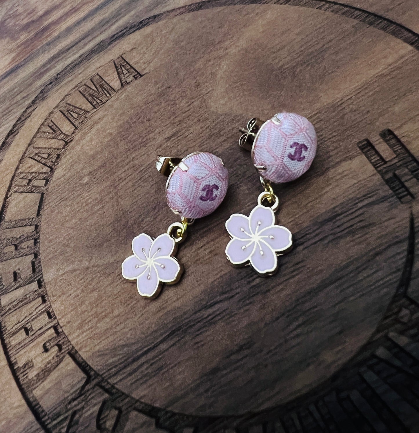CC- Pink Japanese Kimono pattern with CC logo- CC014- earring
