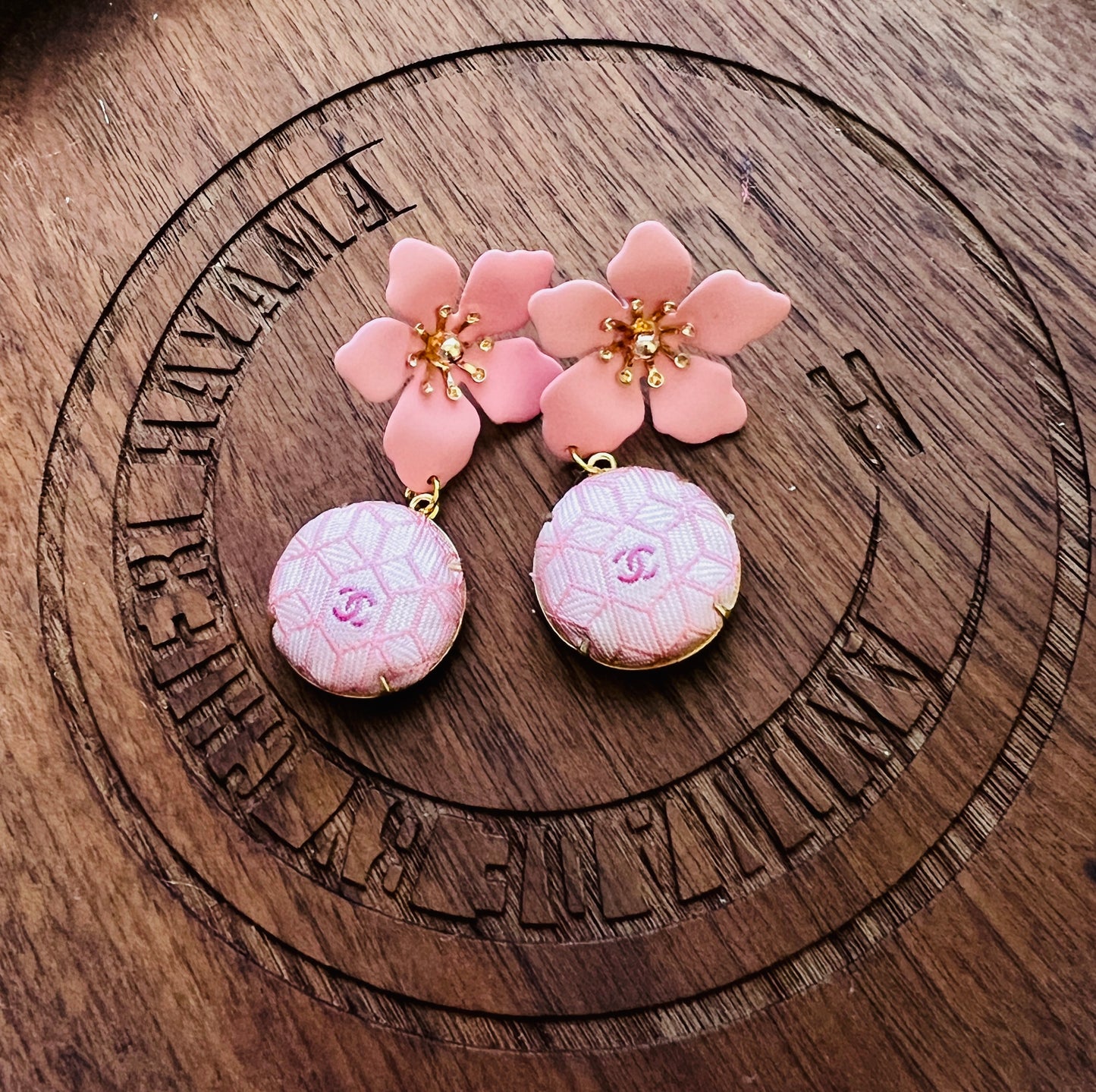 CC- Pink Japanese Kimono pattern with CC logo- CC014- earring