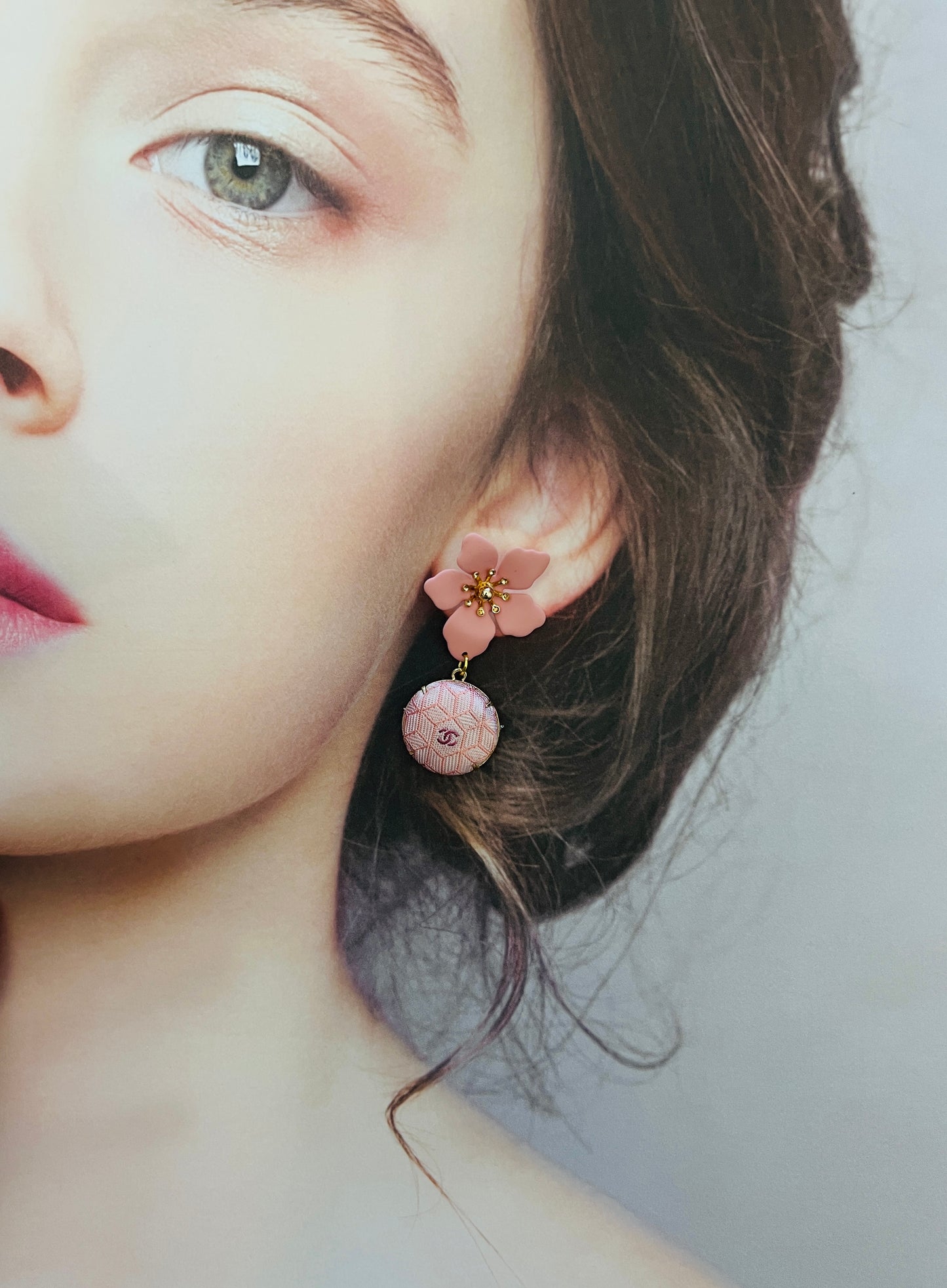CC- Pink Japanese Kimono pattern with CC logo- CC014- earring