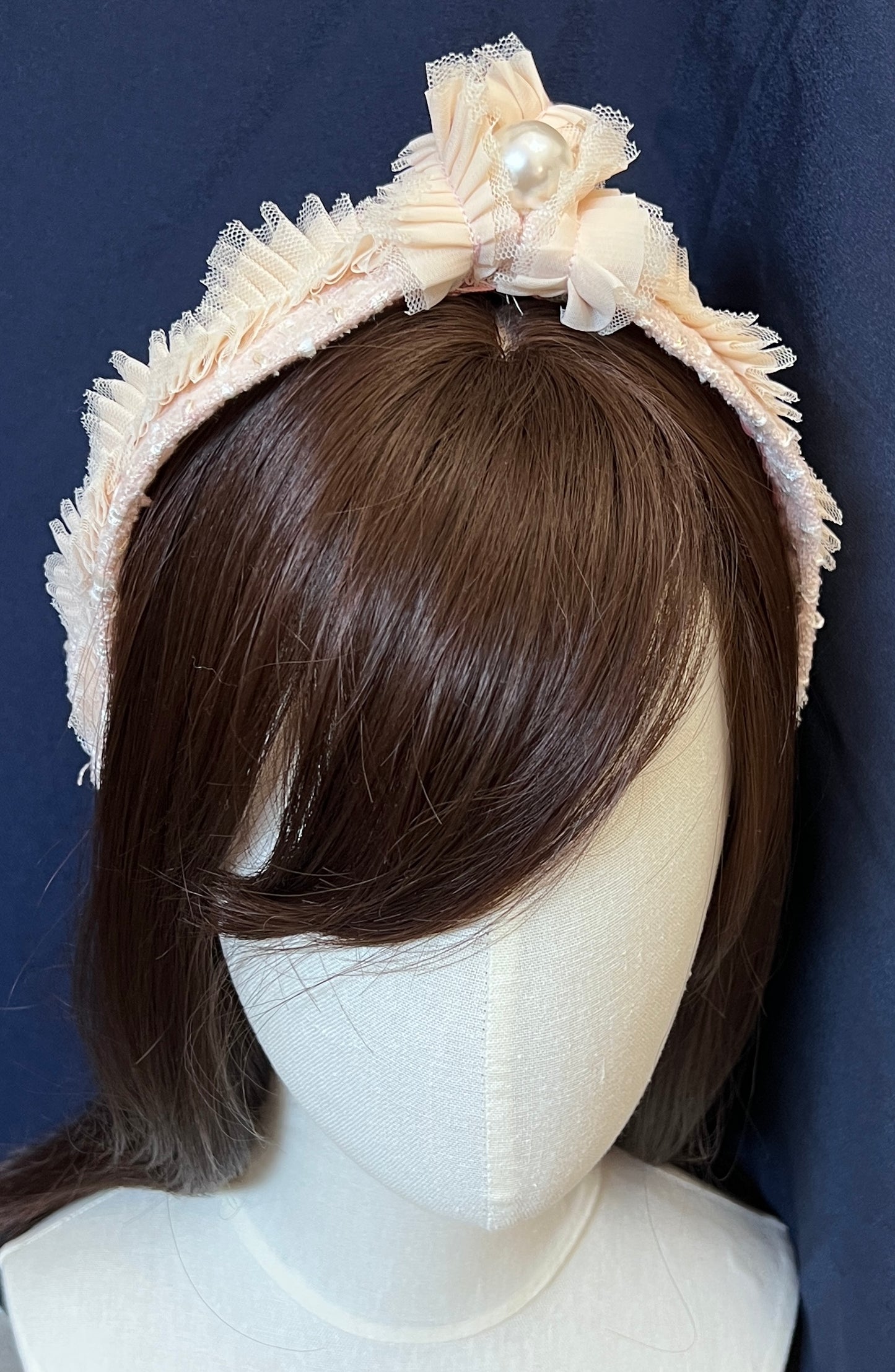 Linton Tweeds- beige & pink Tweeds with Big Pearl- knot style