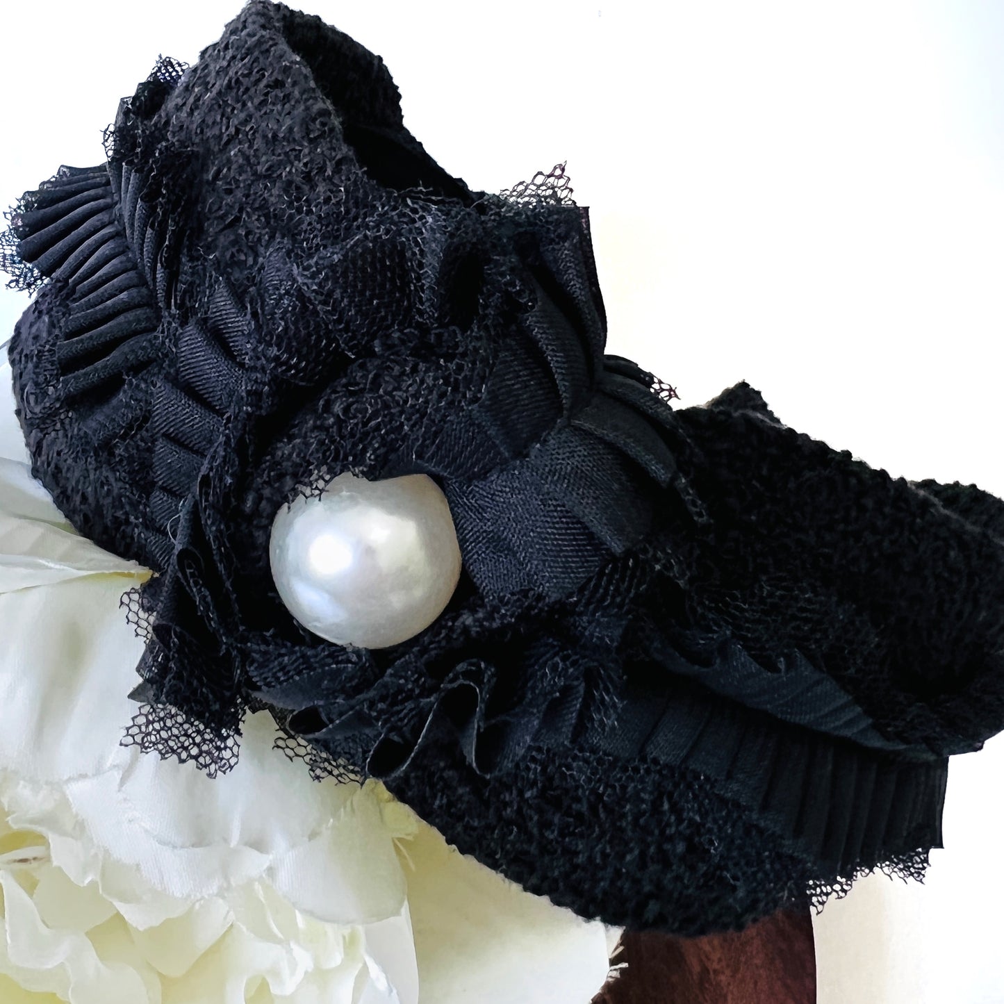 Linton Tweeds- black Tweeds with Lace Big Pearl- knot style