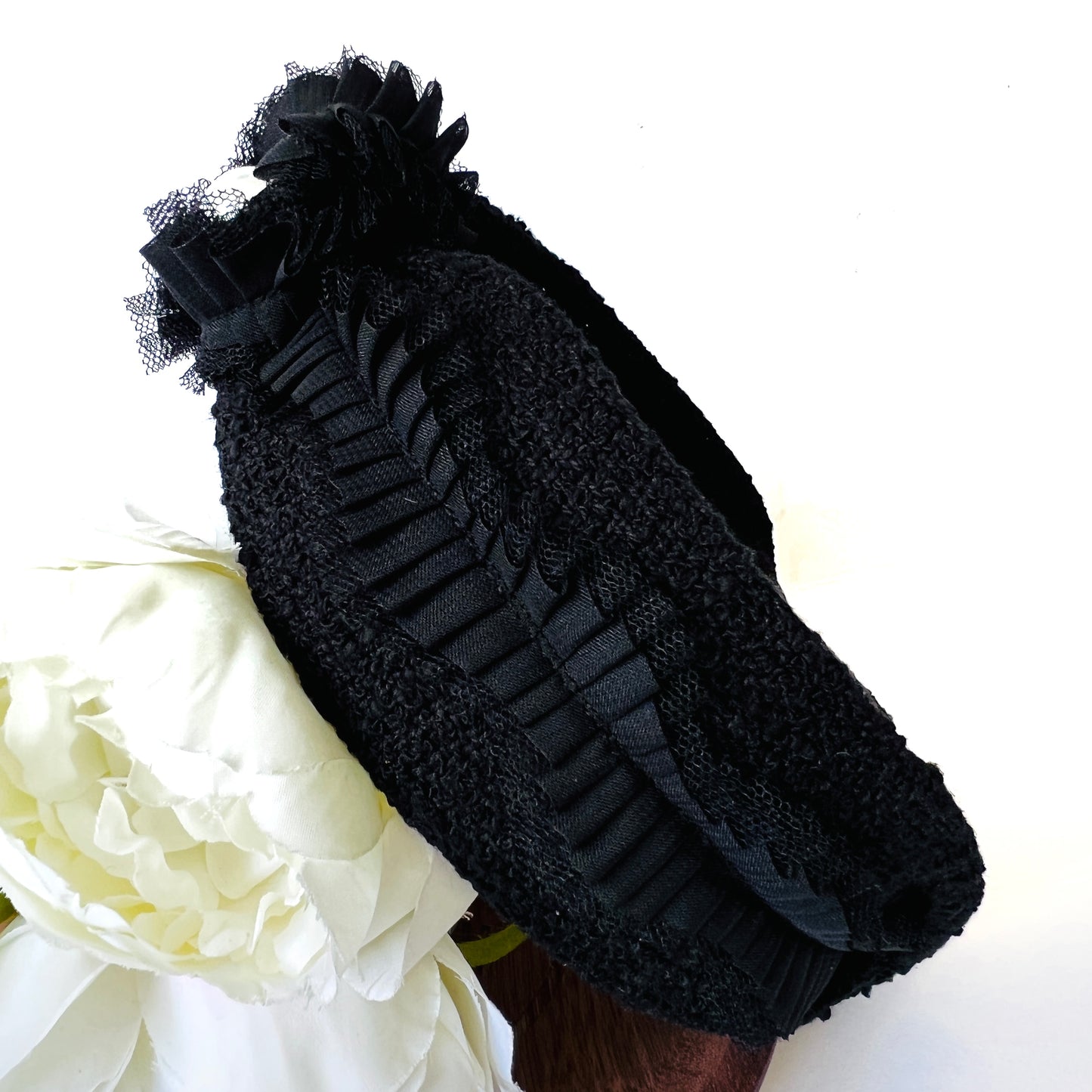 Linton Tweeds- black Tweeds with Lace Big Pearl- knot style