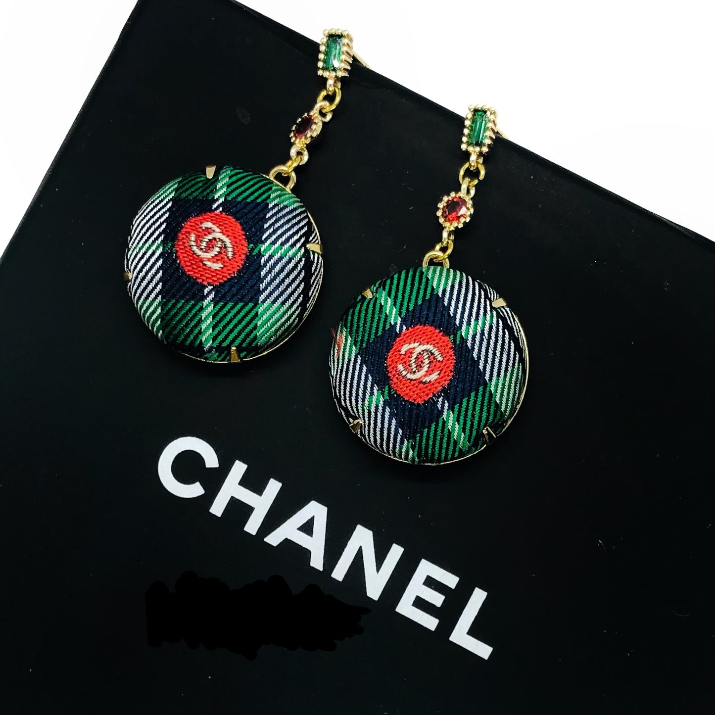 CC- Christmas Tree Green & Red Checks pattern CC logo- CC043- Drop earring