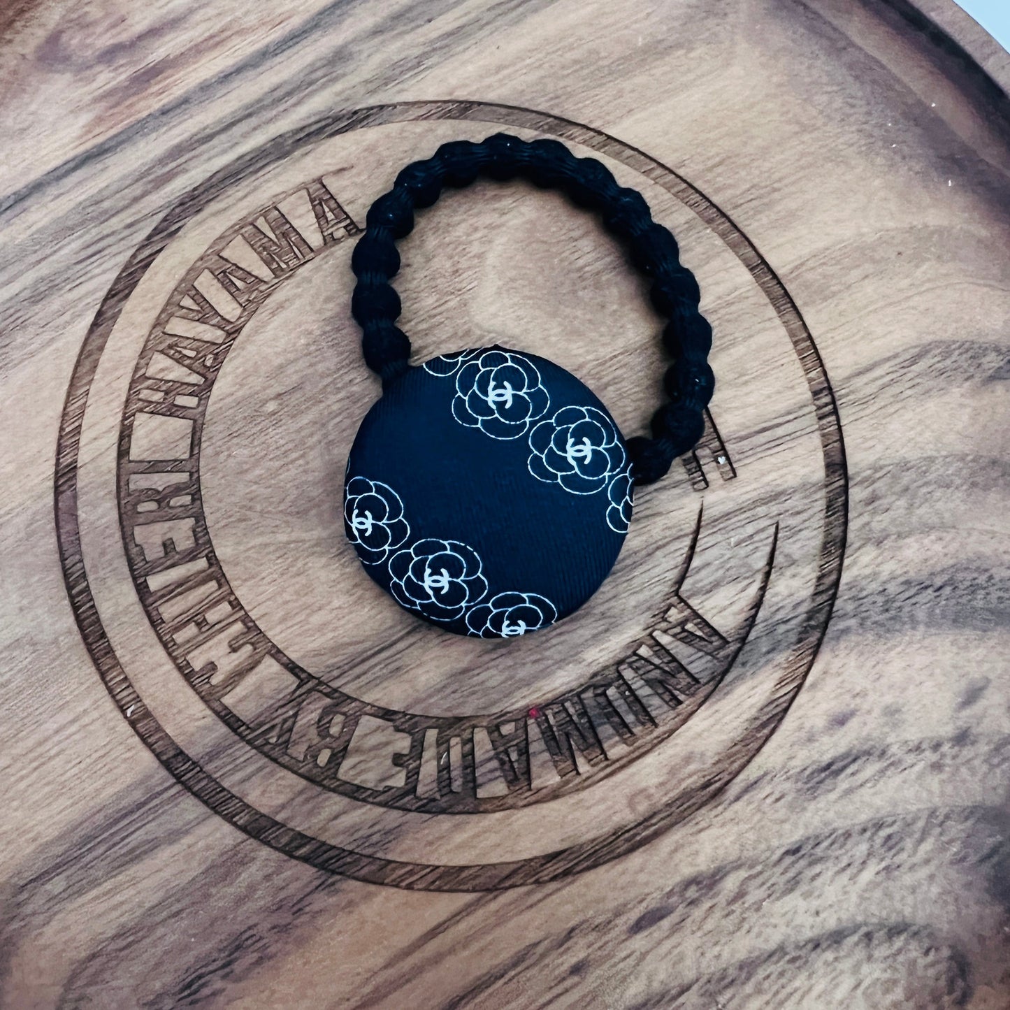CC- Black & White Camellias with CC logo CC039- Scrunchie & Hairband