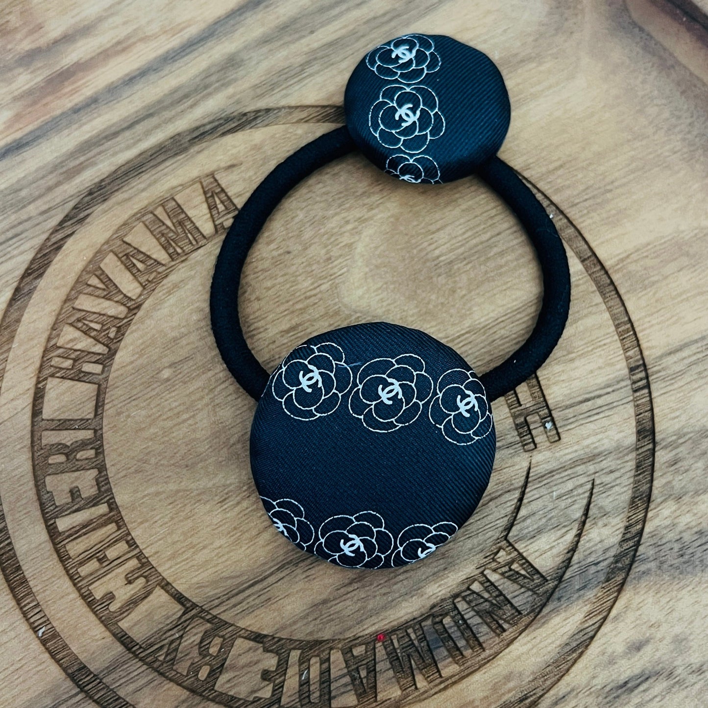 CC- Black & White Camellias with CC logo CC039- Scrunchie & Hairband