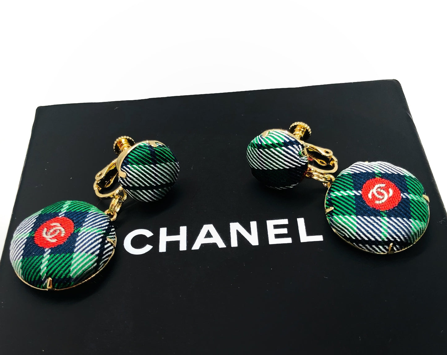CC- Christmas Tree Green & Red Checks pattern CC logo- CC043- Drop earring