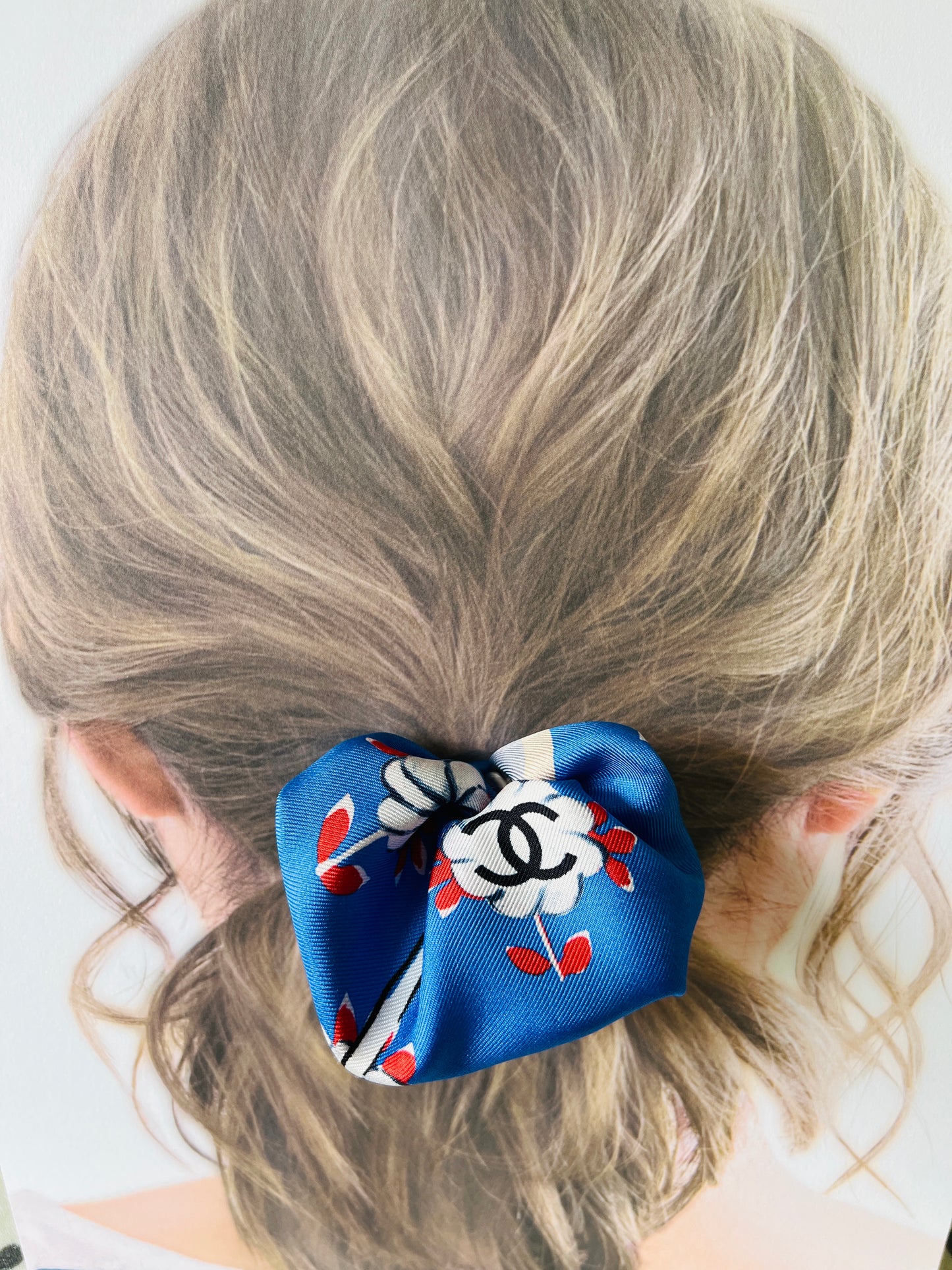 CC- CC0050-Paris Blue & Classic White CC Camellias Scrunchie