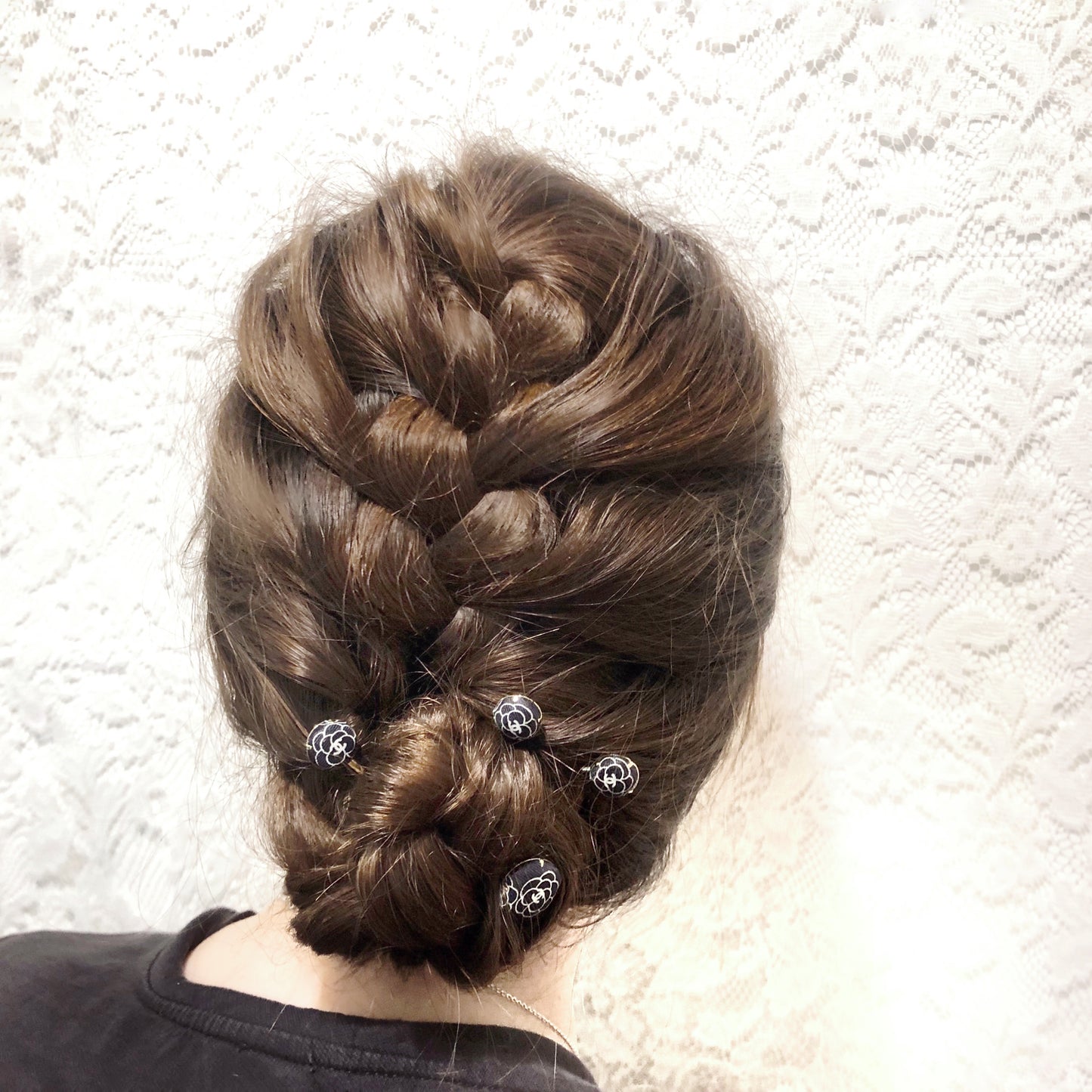 CC- Black & White Camellias with CC logo CC039- hair grips