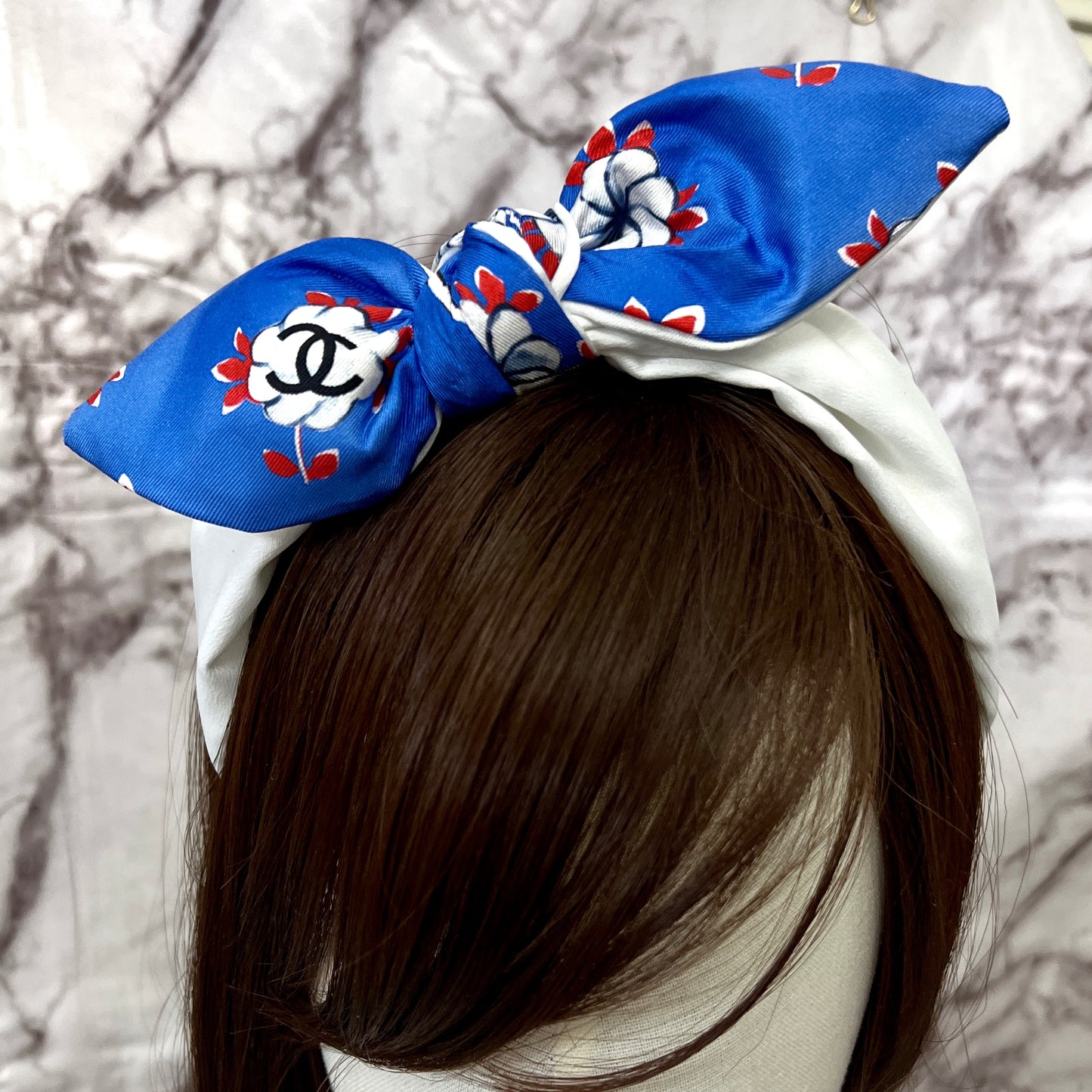 CC- CC0050-Paris Blue & Classic White CC Camellias- bunny Style headband