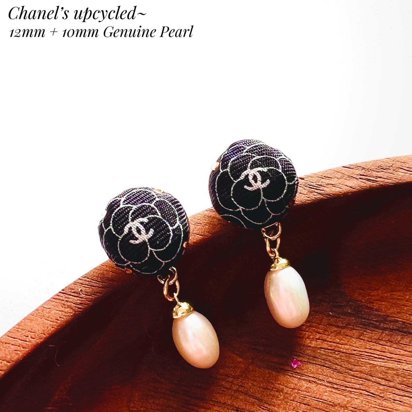 CC- Black & White Camellias with CC logo CC039- genuine Pearl earrings