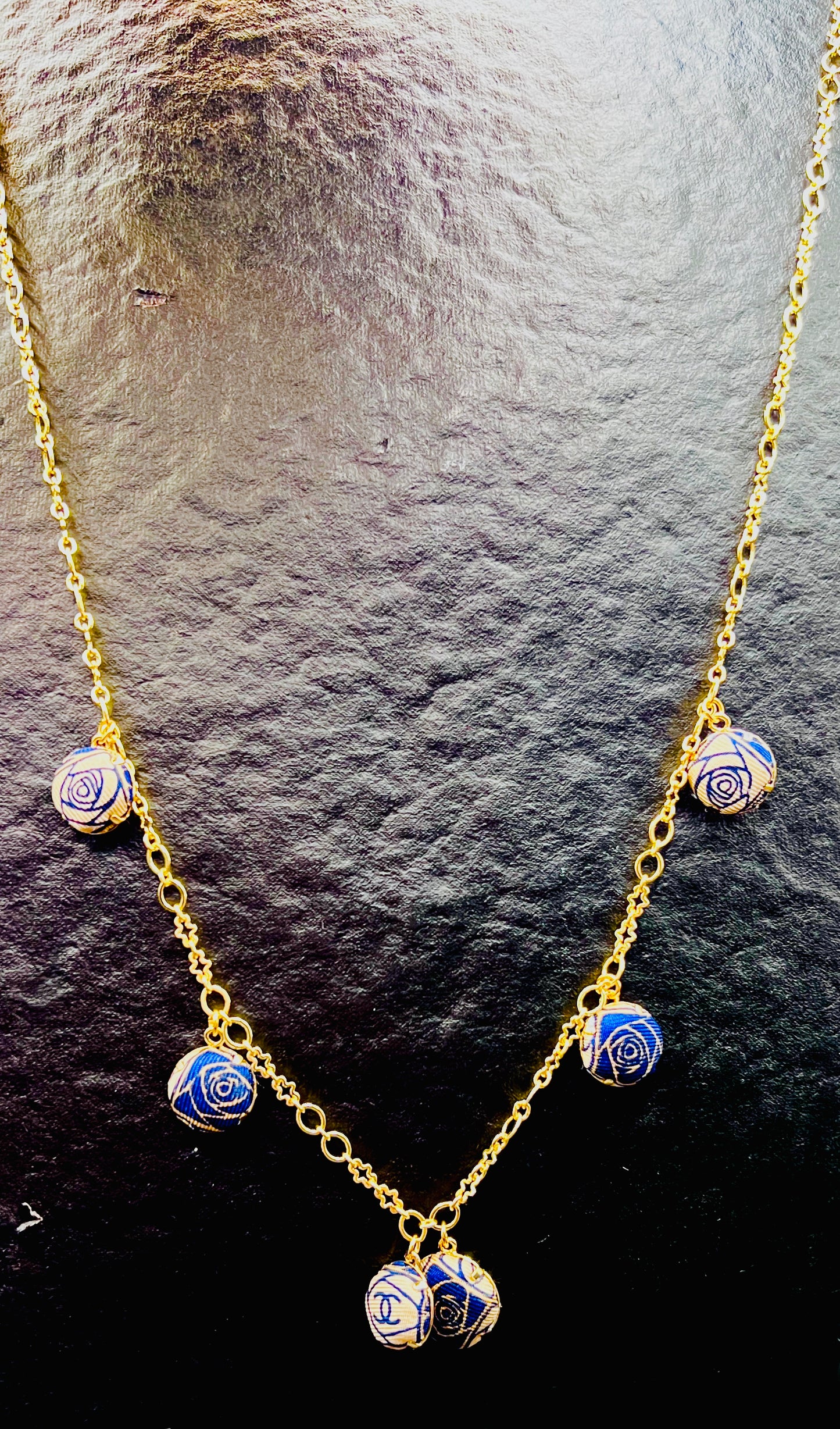CC- beige & royal blue Camellias with CC logo CC040- necklace