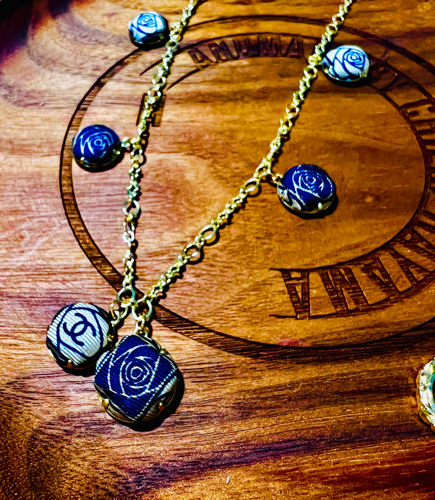 CC- beige & royal blue Camellias with CC logo CC040- necklace