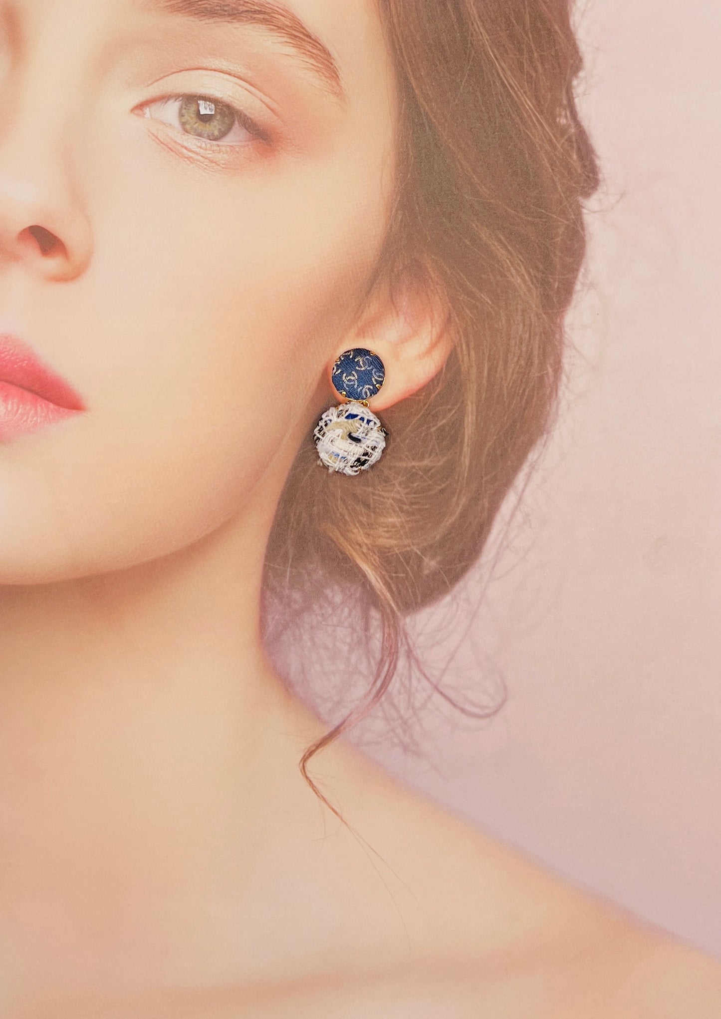 CC- blue jeans colour with light gold CC logo CC028- with Linton Tweeds / earrings
