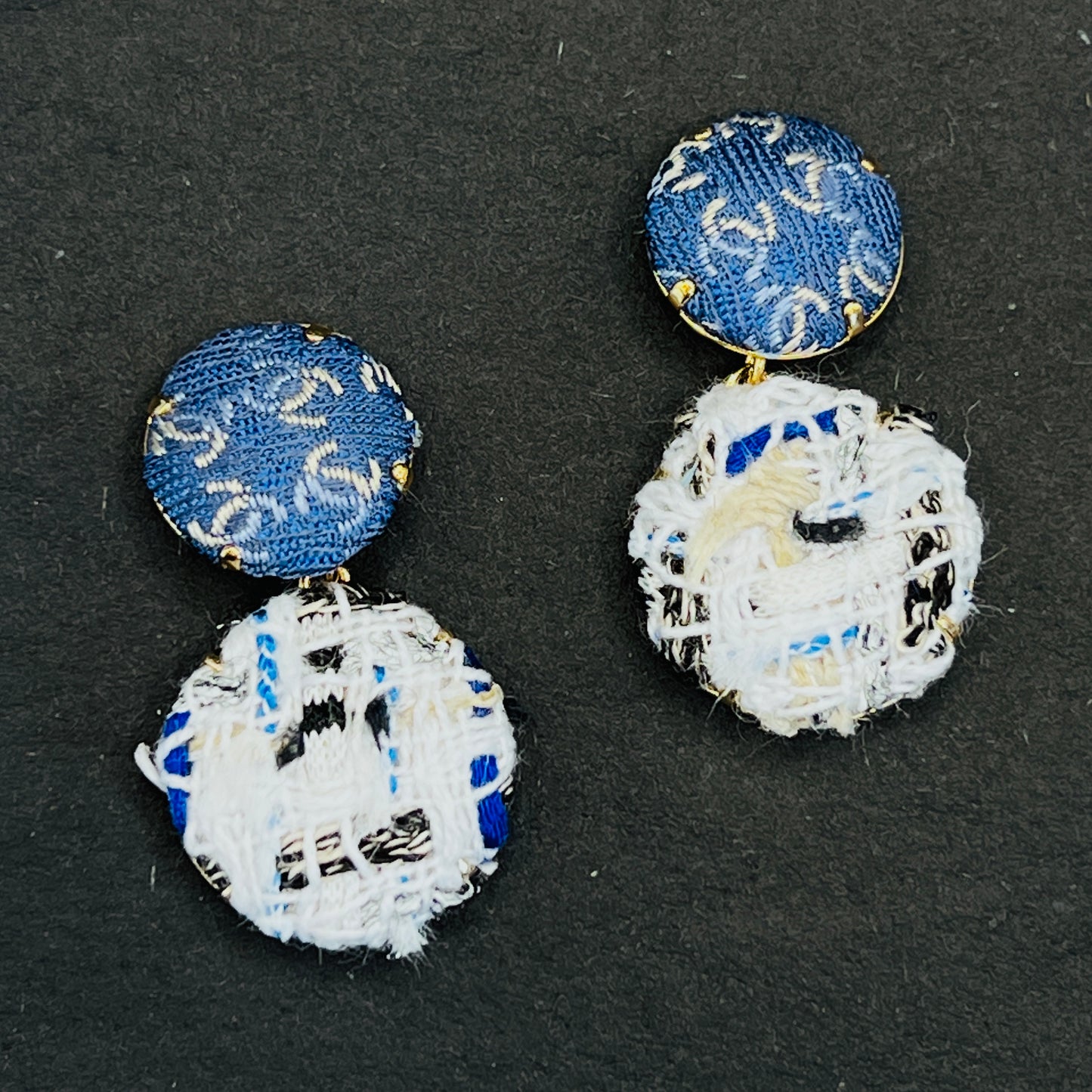 CC- blue jeans colour with light gold CC logo CC028- with Linton Tweeds / earrings