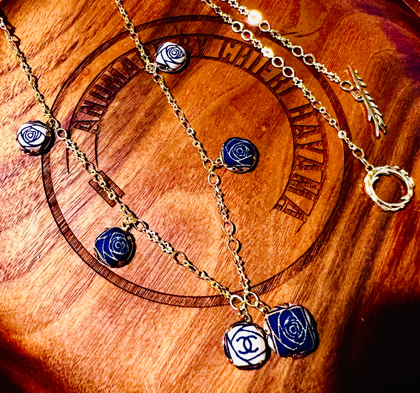 CC- beige & royal blue Camellias with CC logo CC040- necklace