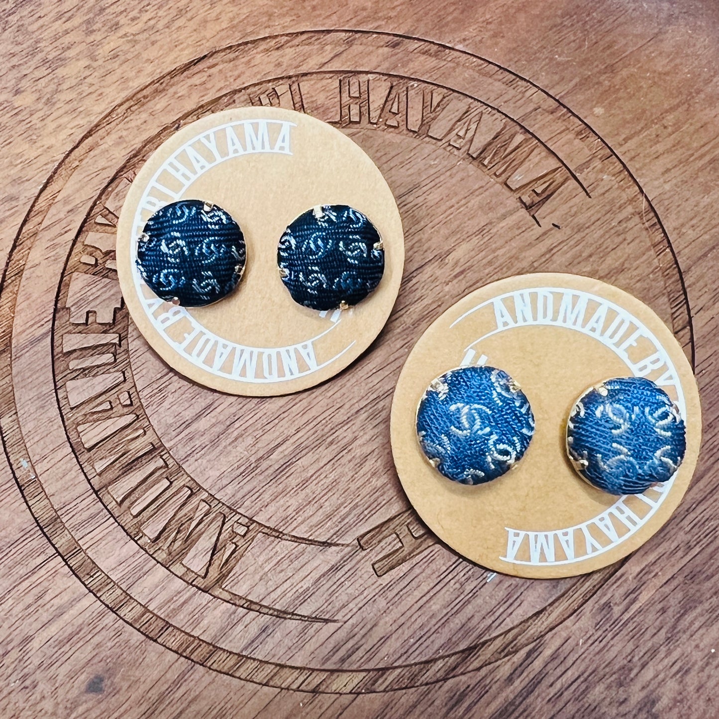 CC- blue jeans colour with light gold CC logo CC028- with Linton Tweeds headband/ hairclip