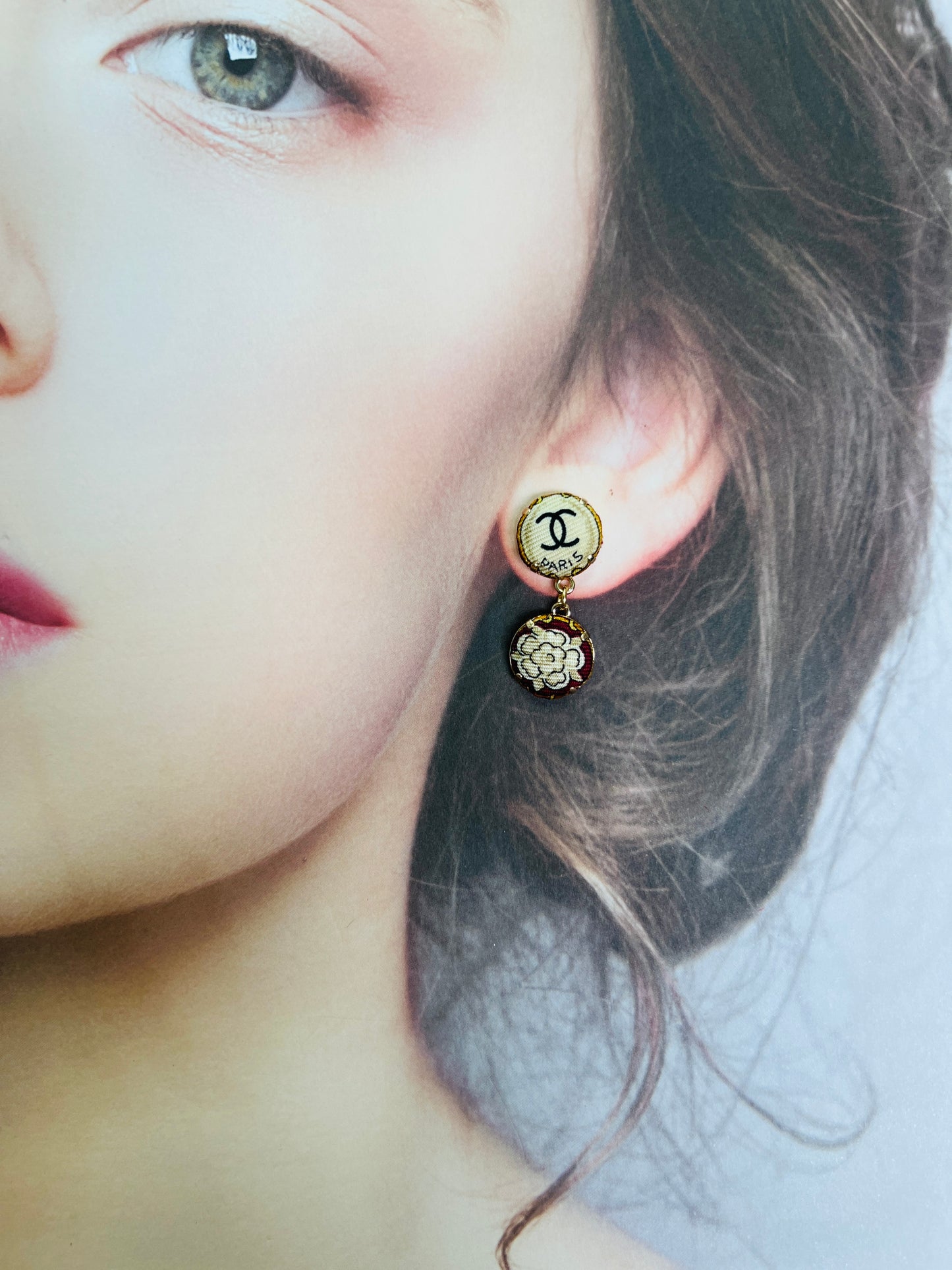 CC- vintage beige camellia & burgundy CC070- earrings