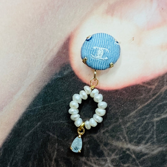 CC-Robin egg & white with CC logo- CC004- genuine pearl earring